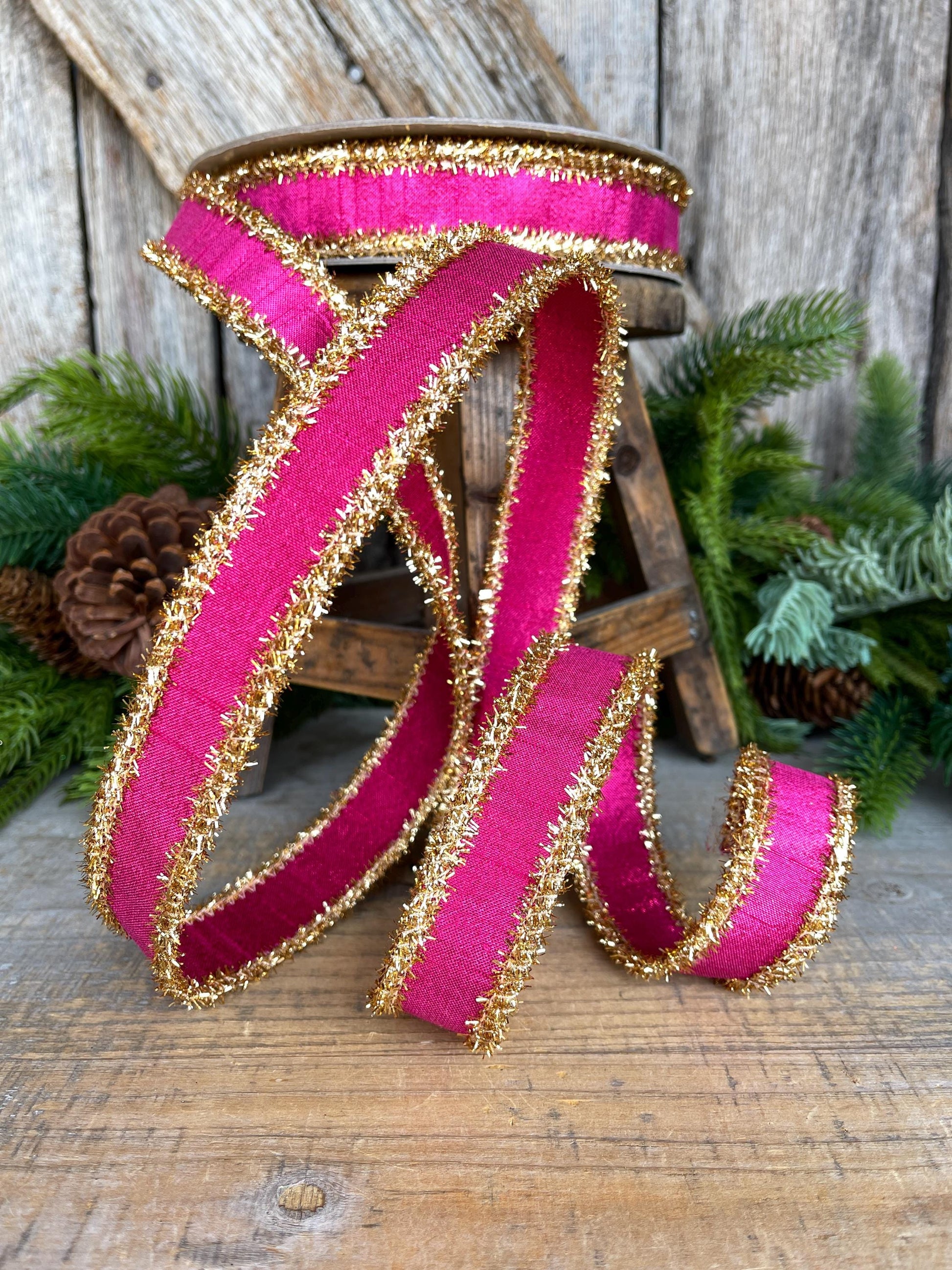 1" Hot Pink & Gold Ribbon, Christmas Ribbon, Farrisilk ribbon, 1" x 10 yards, RK790-15, RK790-15