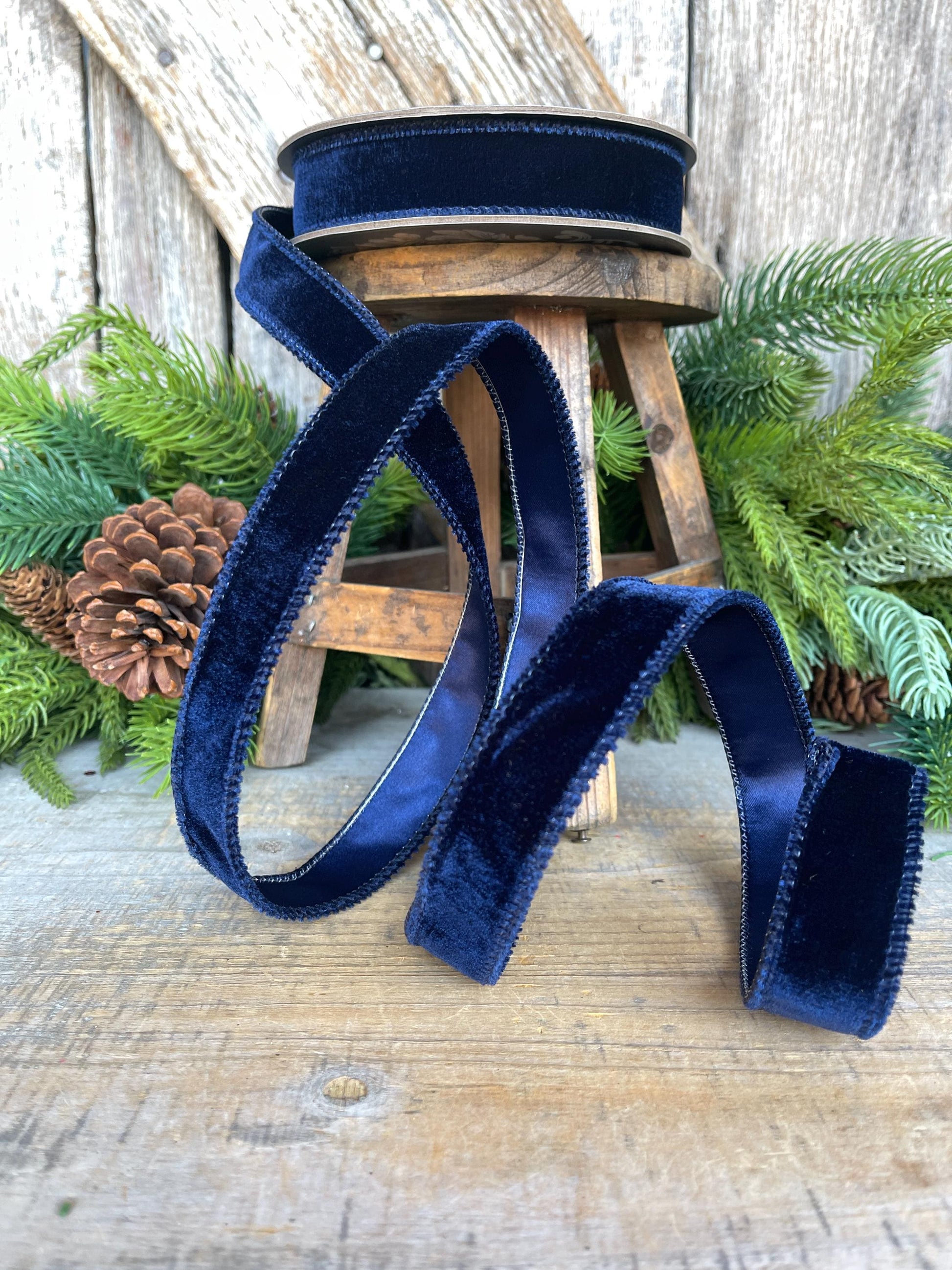 Navy Blue Velvet Wired Ribbon: 1-inch, 10 Yards, Christmas Bow Supply