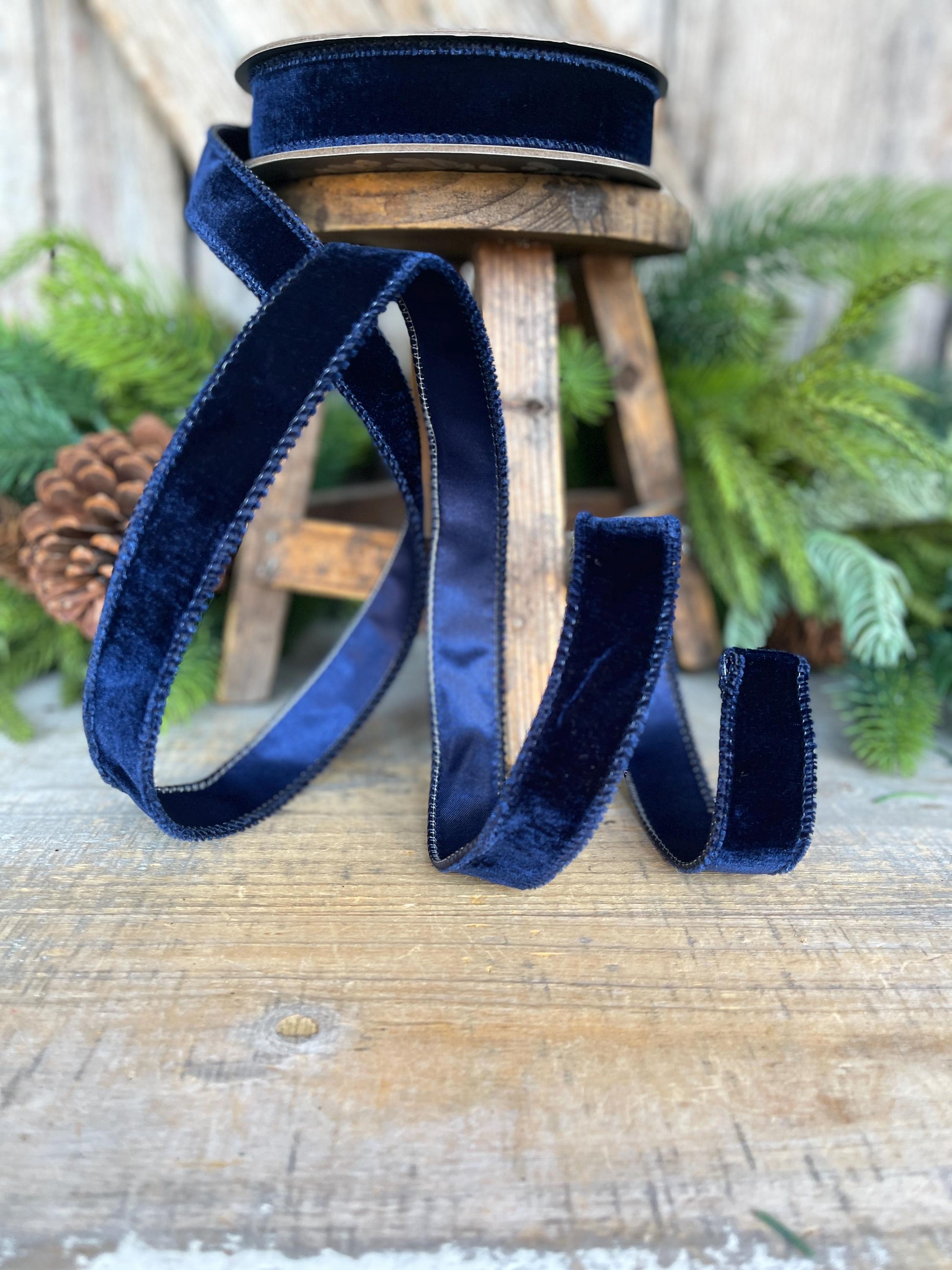 Navy Blue Velvet Wired Ribbon: 1-inch, 10 Yards, Christmas Bow Supply