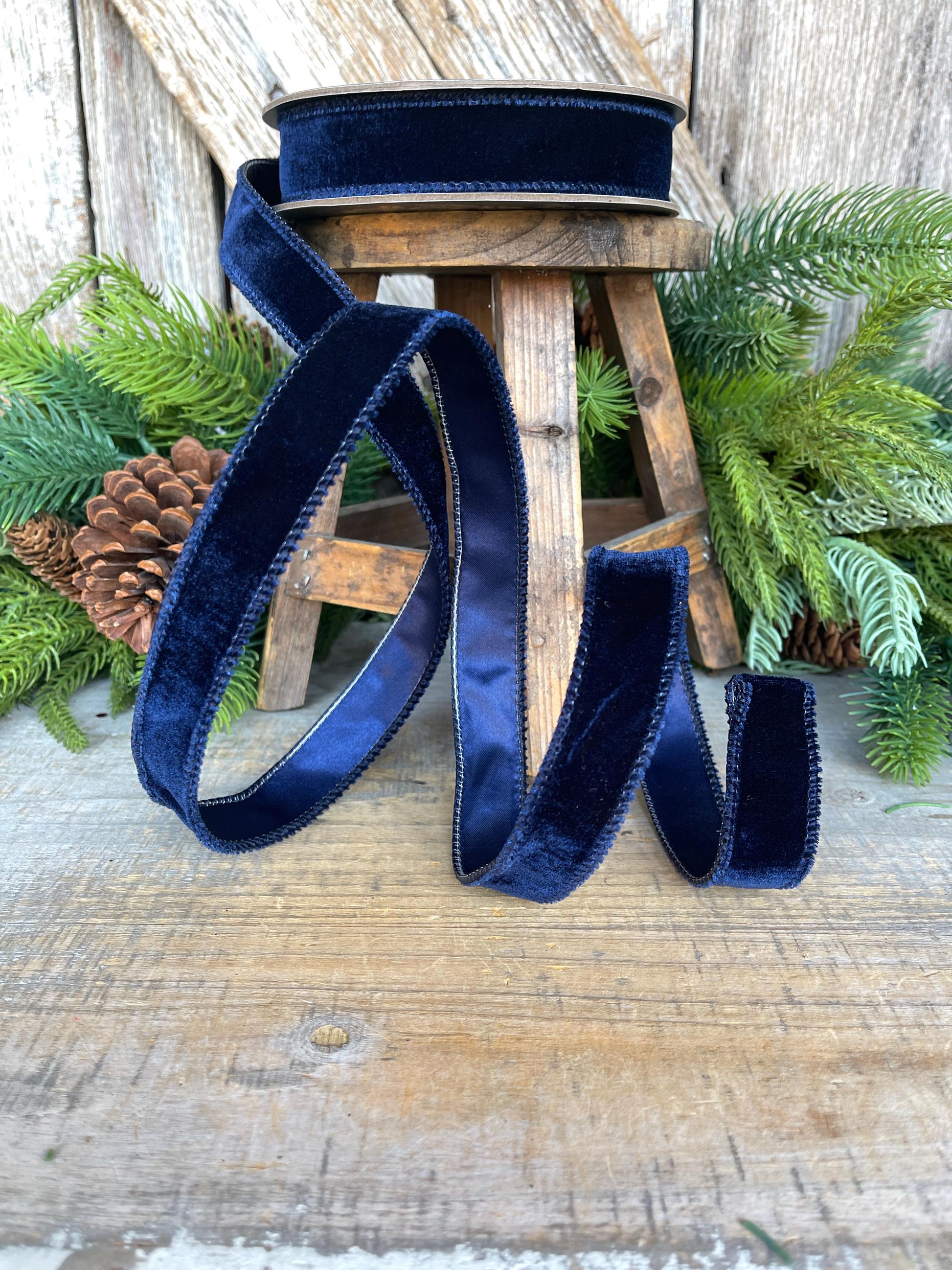 Navy Blue Velvet Wired Ribbon: 1-inch, 10 Yards, Christmas Bow Supply