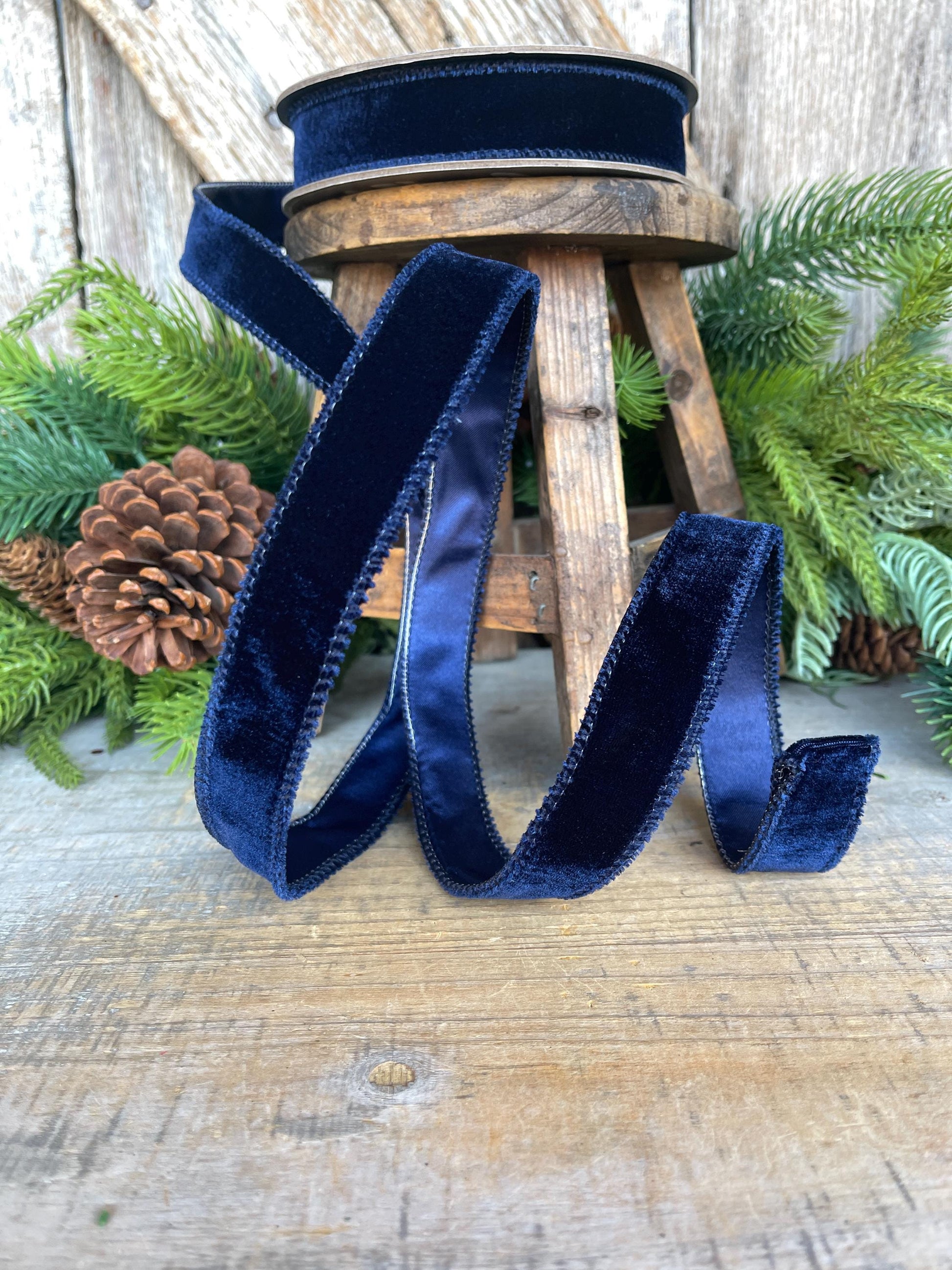 Navy Blue Velvet Wired Ribbon: 1-inch, 10 Yards, Christmas Bow Supply