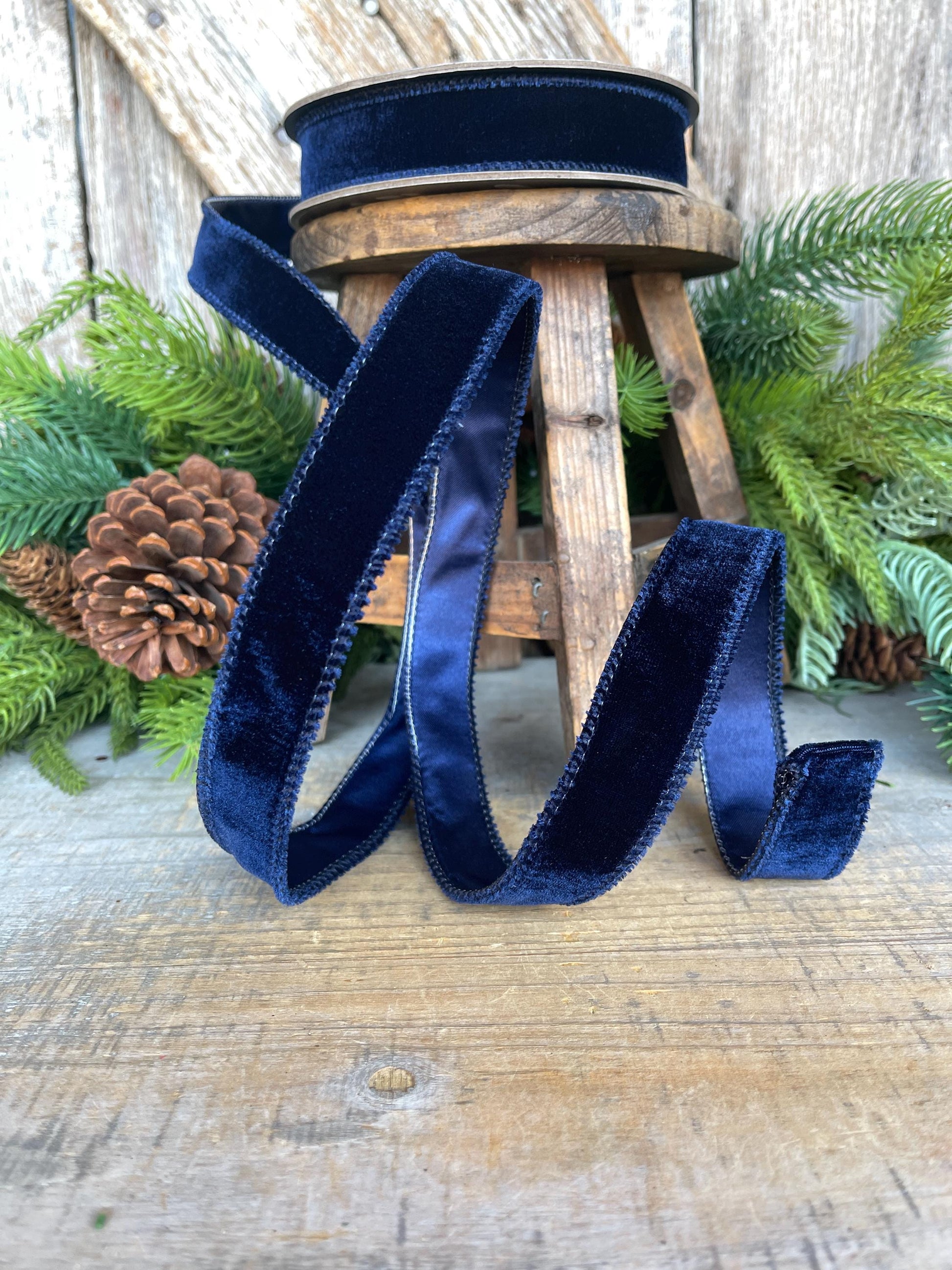 Navy Blue Velvet Wired Ribbon: 1-inch, 10 Yards, Christmas Bow Supply