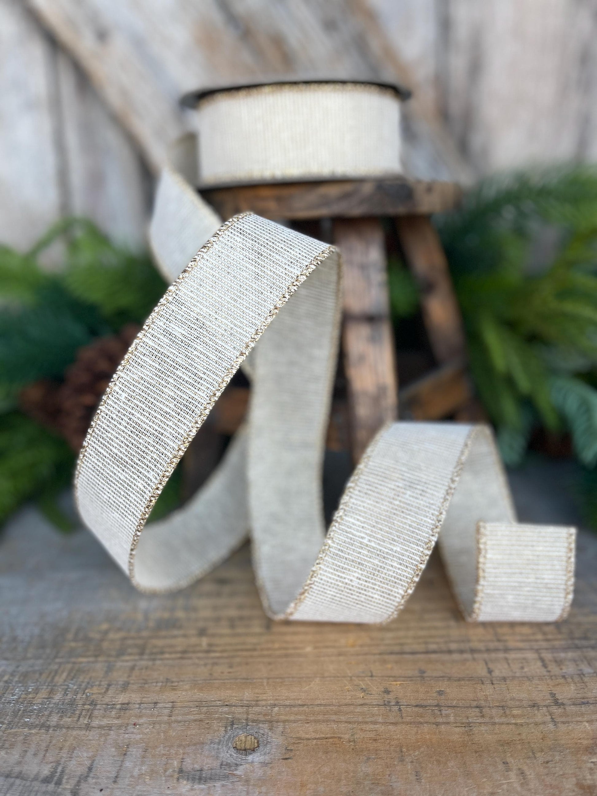 1.5" Ivory Gold Linen Textured Ribbon, Ivory Christmas Ribbon, Gift Wrap Ribbon