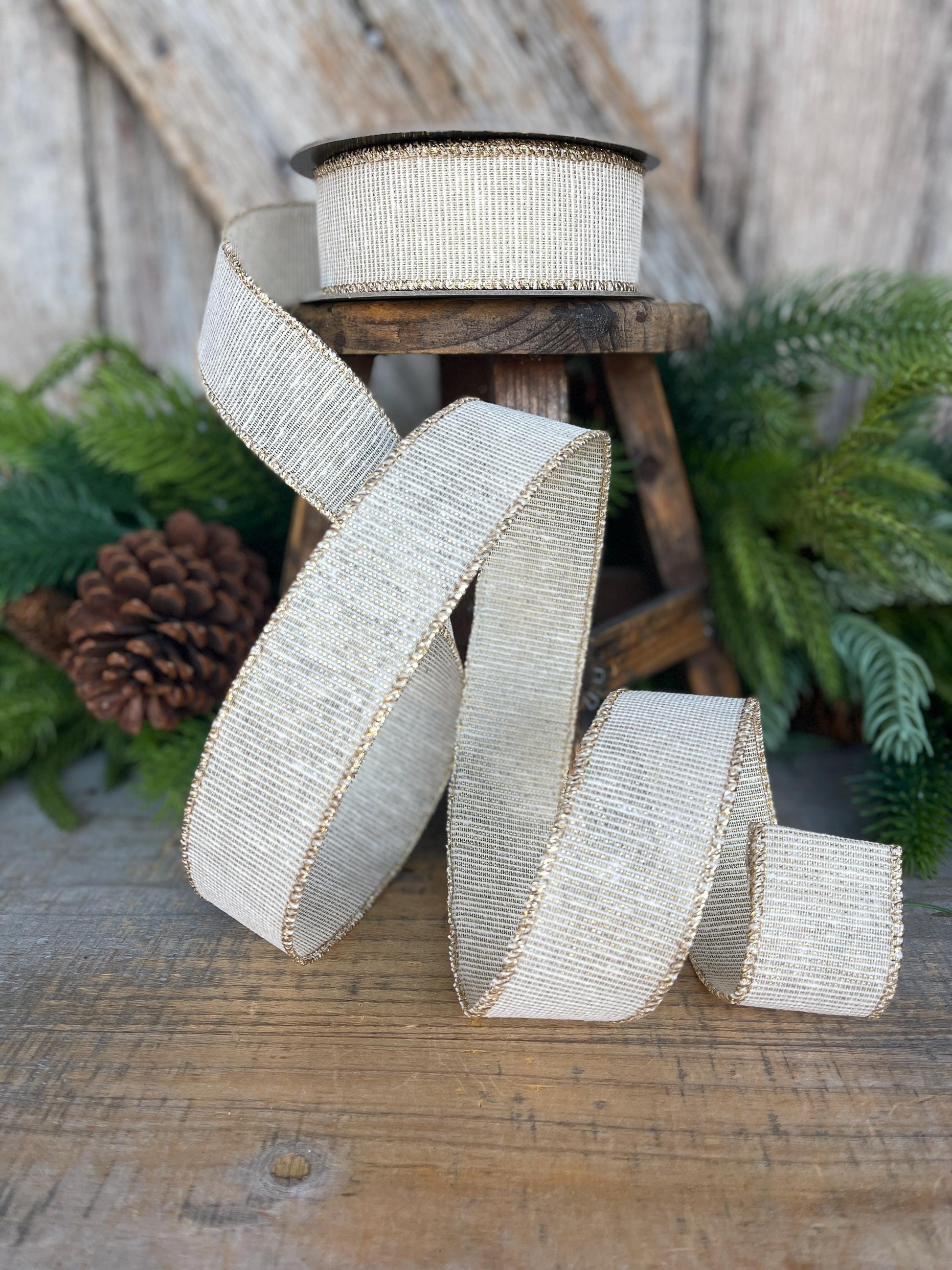 1.5" Ivory Gold Linen Textured Ribbon, Ivory Christmas Ribbon, Gift Wrap Ribbon