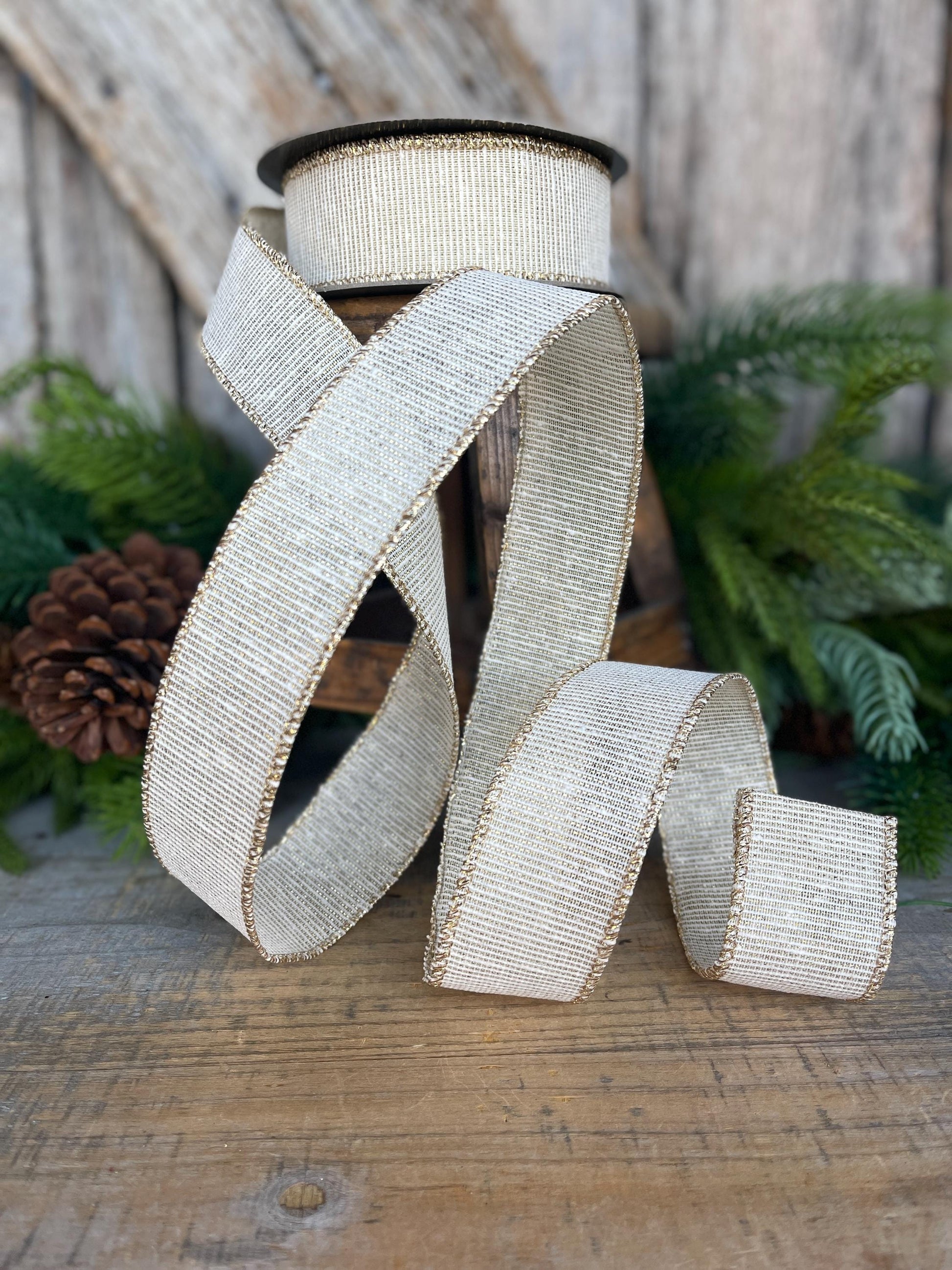 1.5" Ivory Gold Linen Textured Ribbon, Ivory Christmas Ribbon, Gift Wrap Ribbon