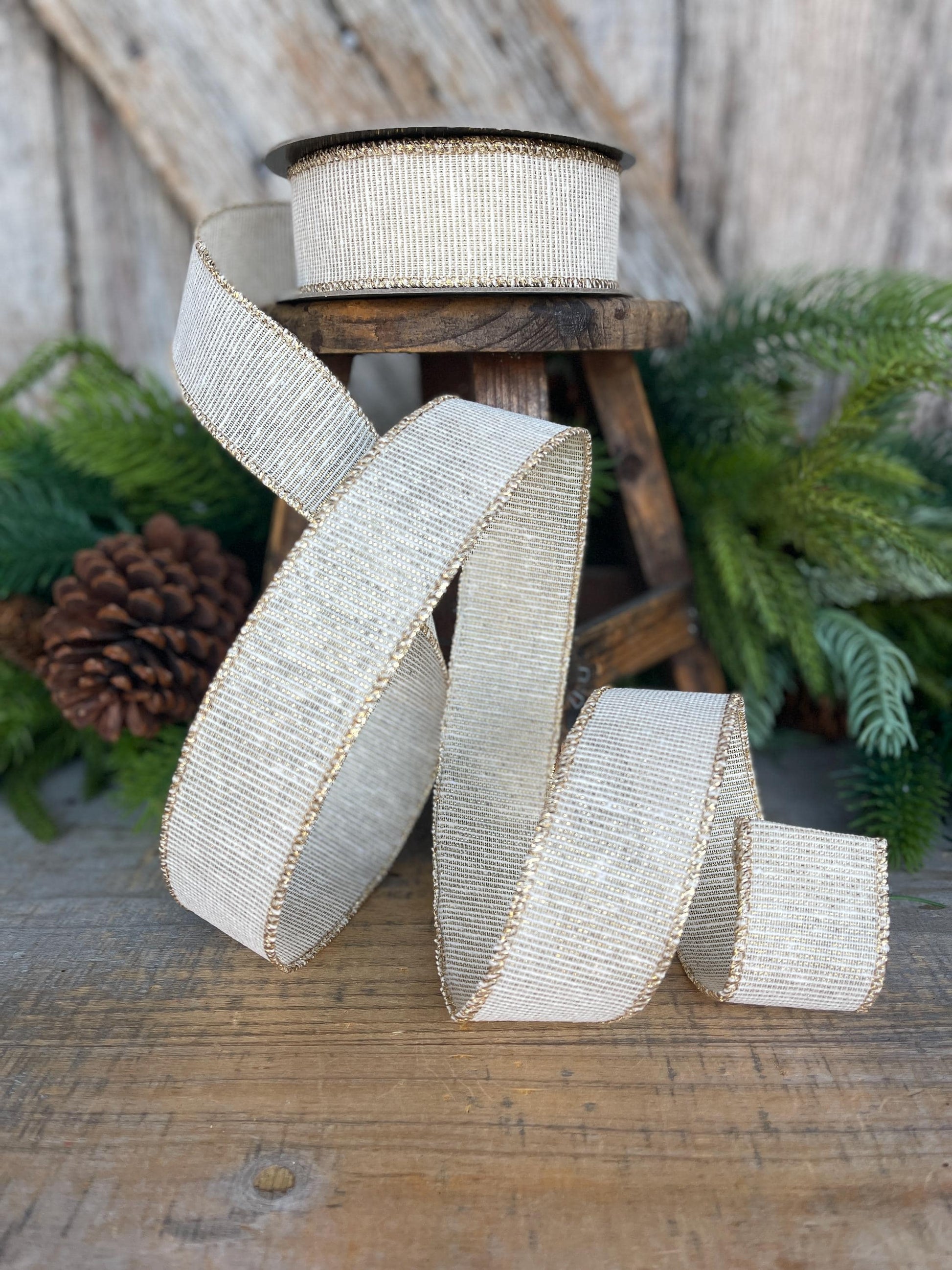 1.5" Ivory Gold Linen Textured Ribbon, Ivory Christmas Ribbon, Gift Wrap Ribbon