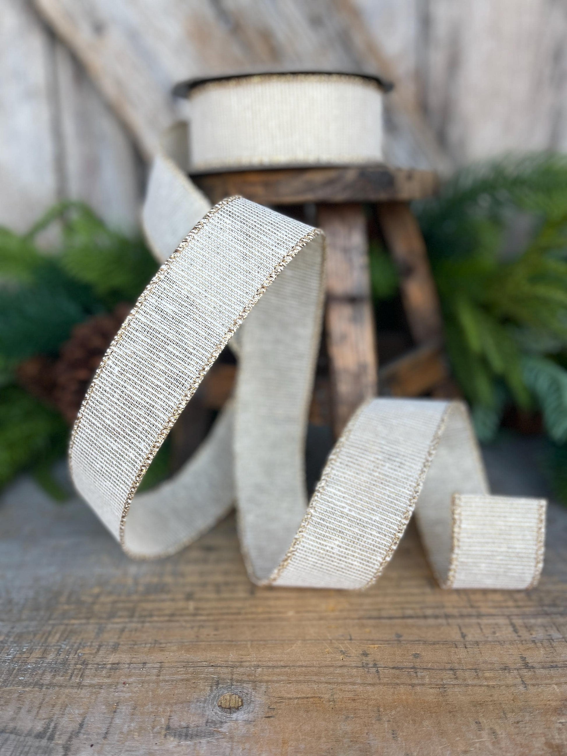 1.5" Ivory Gold Linen Textured Ribbon, Ivory Christmas Ribbon, Gift Wrap Ribbon