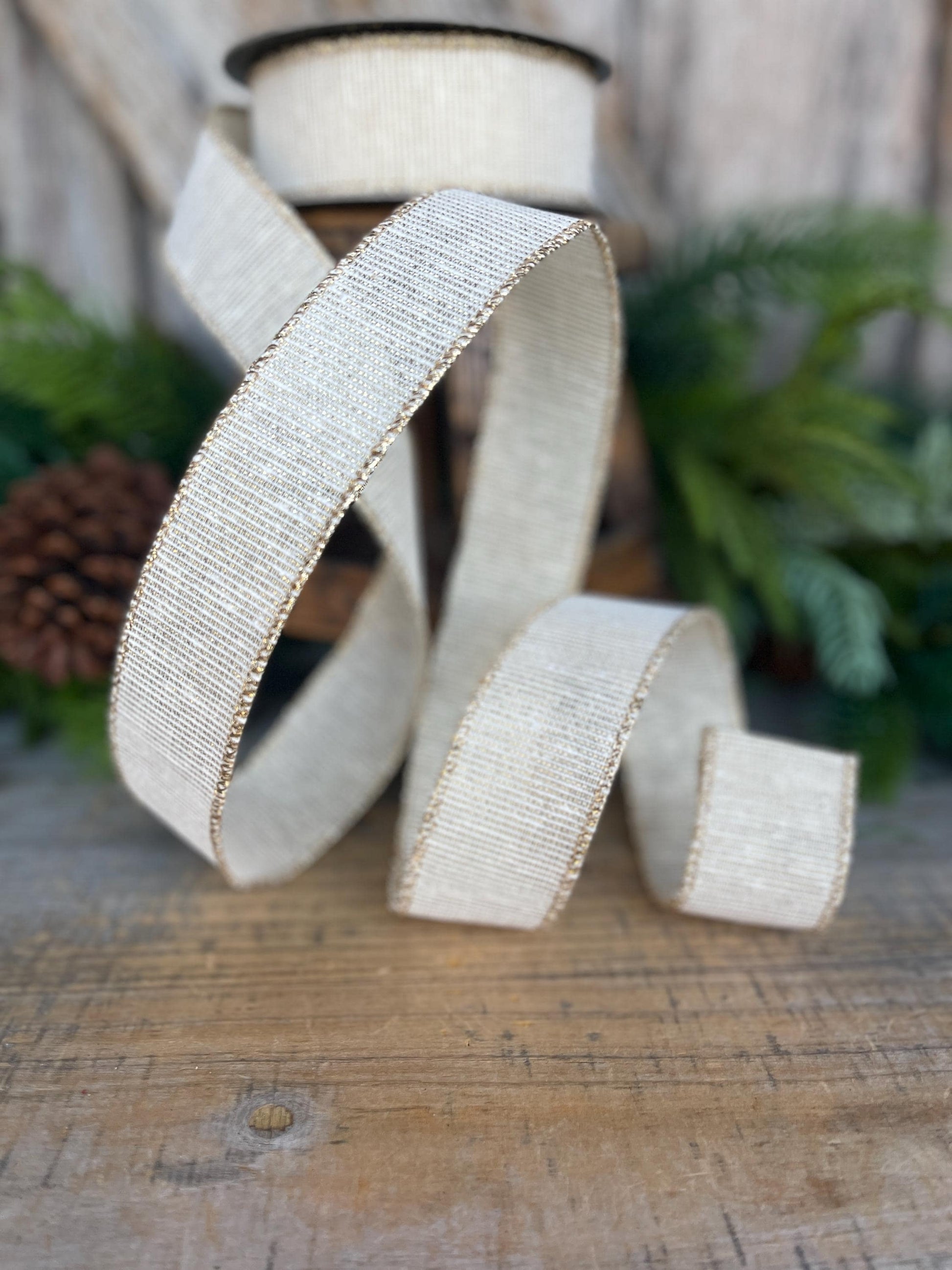 1.5" Ivory Gold Linen Textured Ribbon, Ivory Christmas Ribbon, Gift Wrap Ribbon