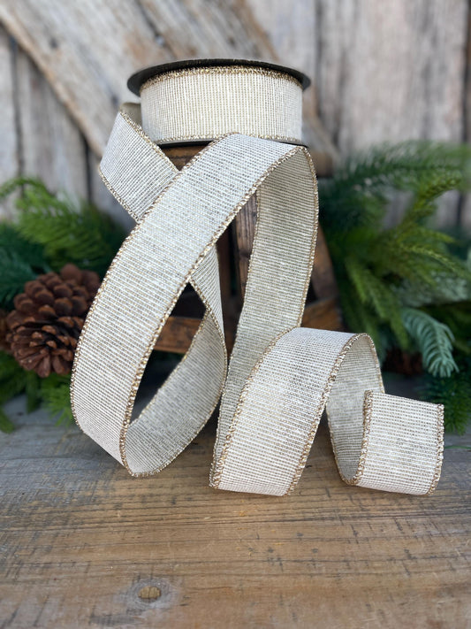 1.5" Ivory Gold Linen Textured Ribbon, Ivory Christmas Ribbon, Gift Wrap Ribbon