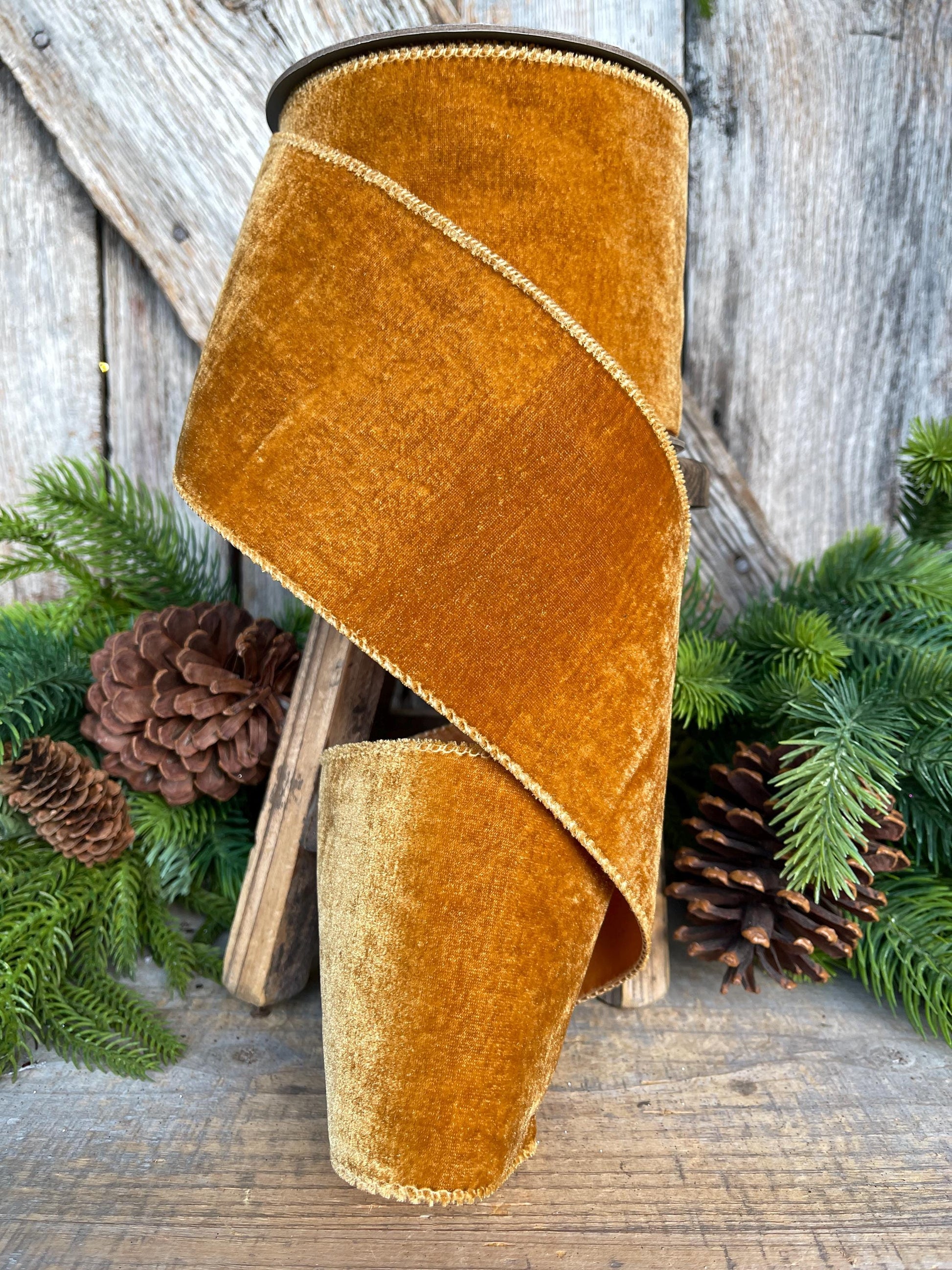 4" Antique Gold Wired Ribbon, Velvet Ribbon, Christmas Velvet Ribbon, 10 Yards