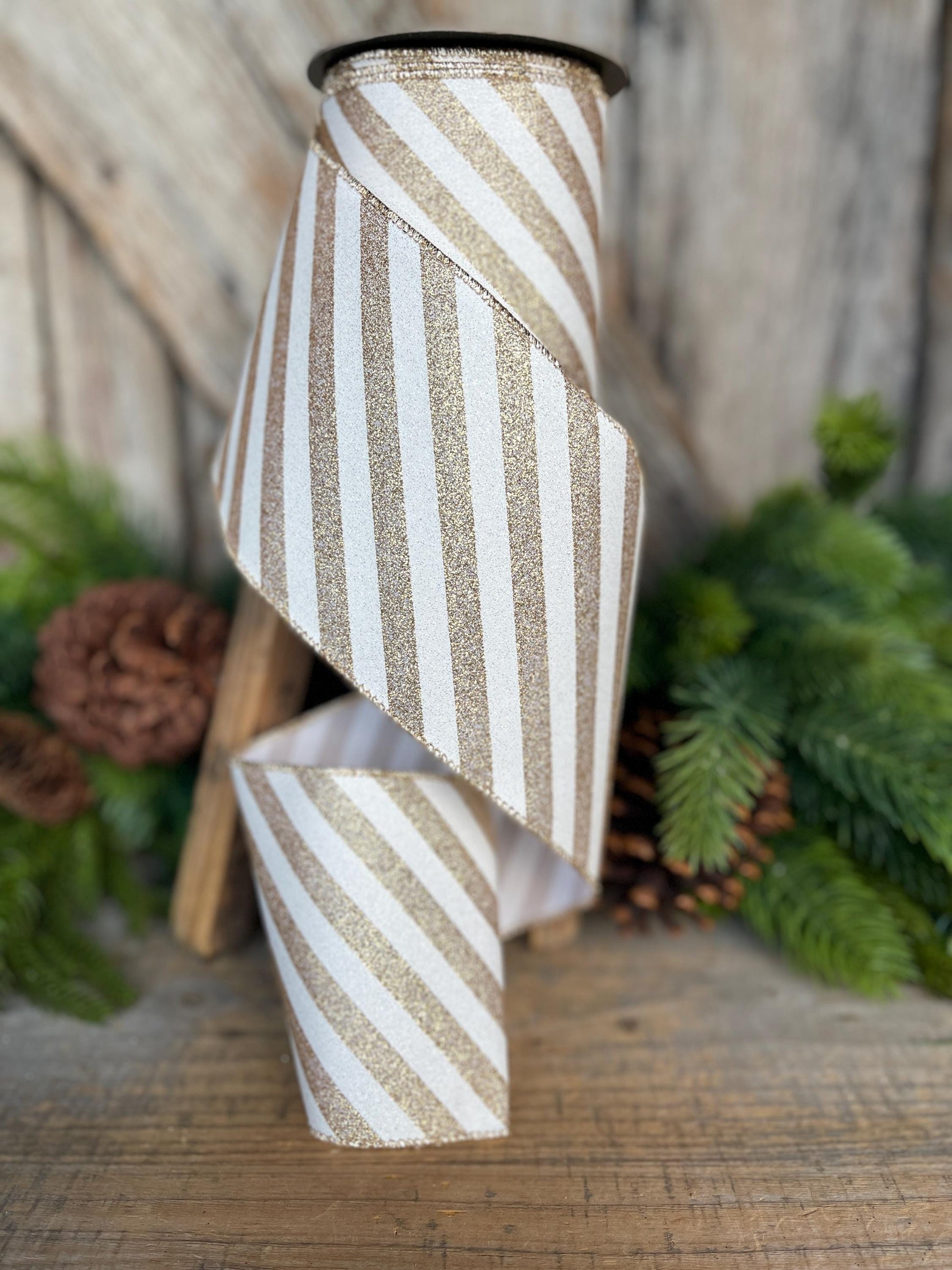 4" Gold Ribbon Stripe Ribbon, Gold White Christmas Ribbon, 10 Yards