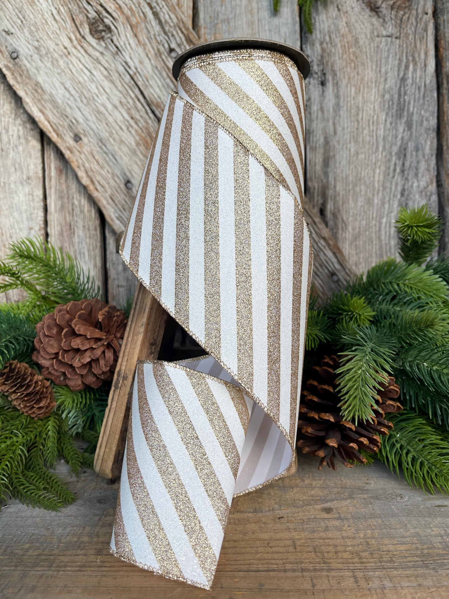 4" Gold Ribbon Stripe Ribbon, Gold White Christmas Ribbon, 10 Yards