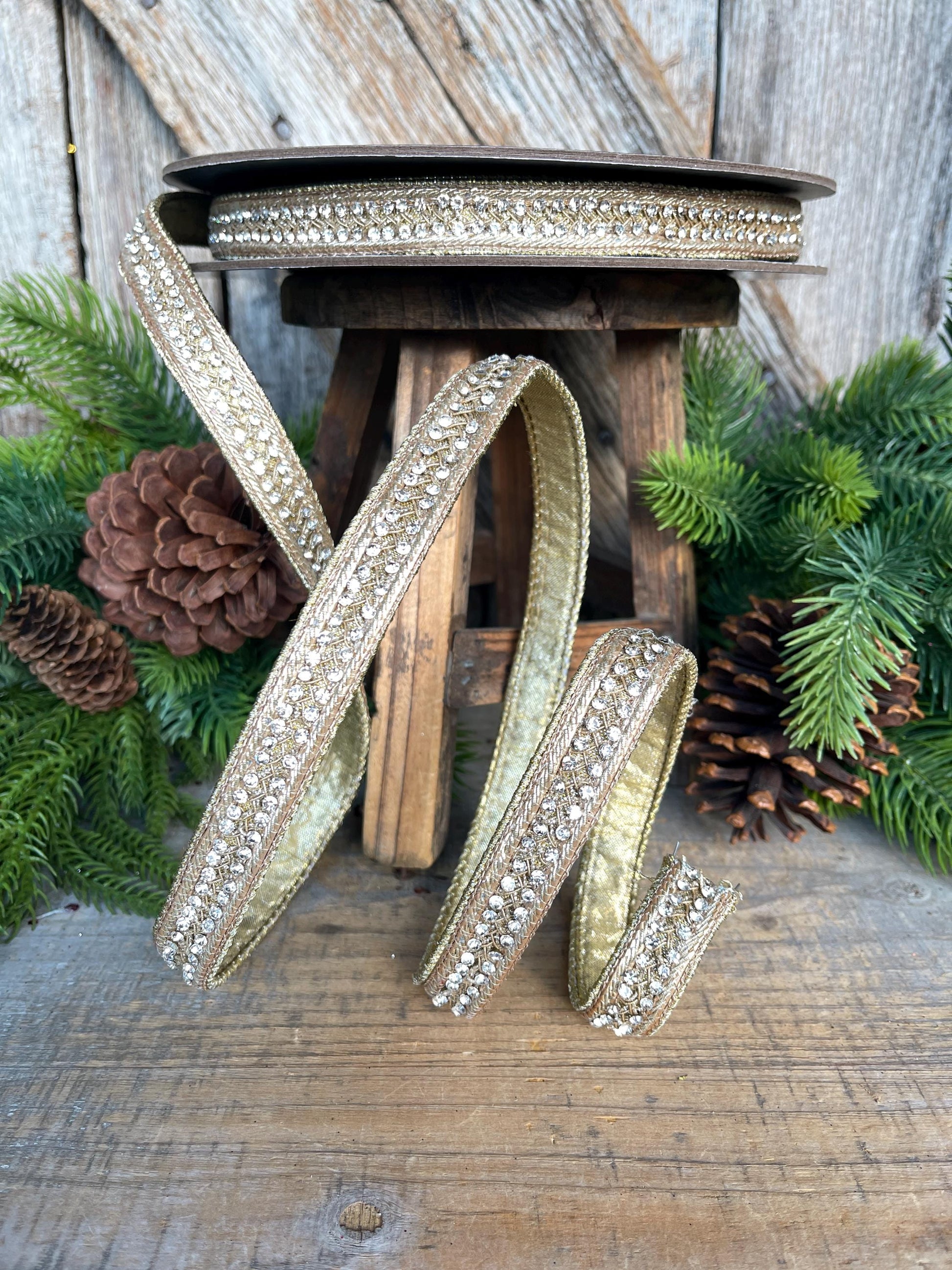 3/4" Gold Jeweled Ribbon, Metallic Gold Christmas Ribbon