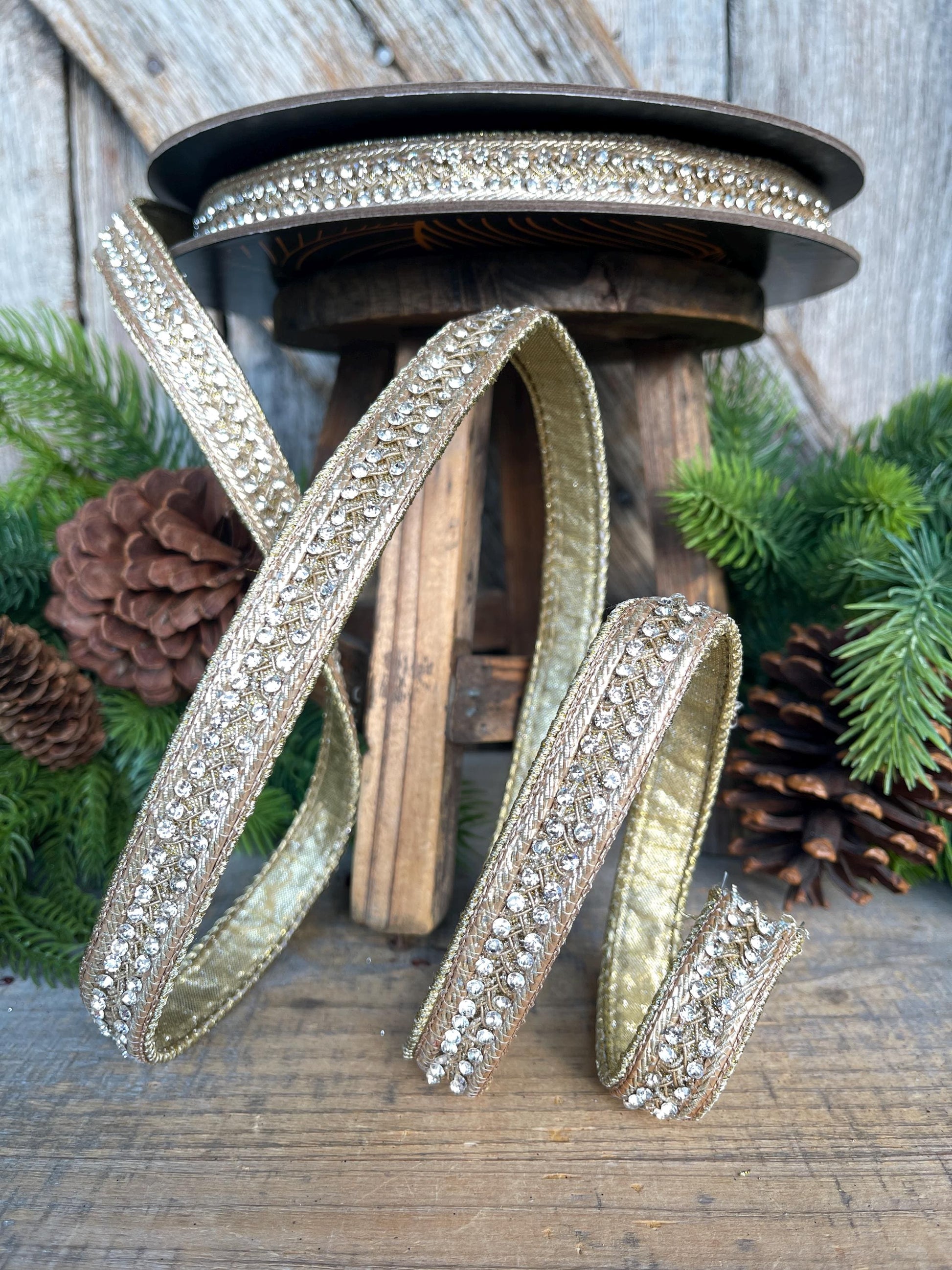 3/4" Gold Jeweled Ribbon, Metallic Gold Christmas Ribbon