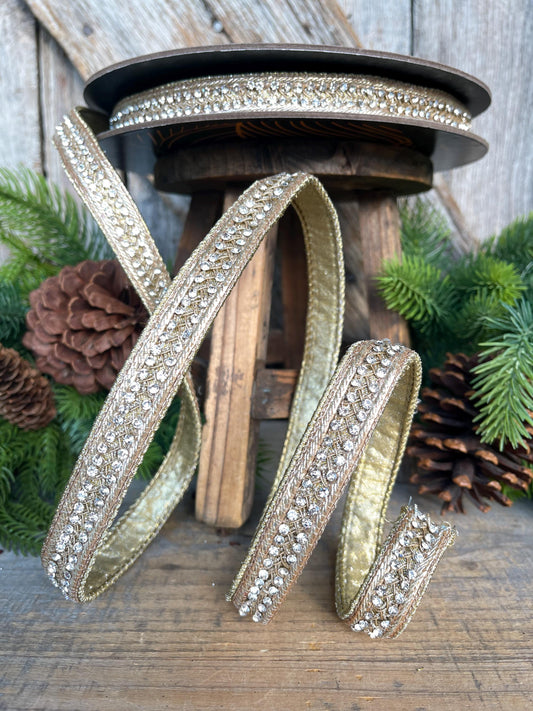 3/4" Gold Jeweled Ribbon, Metallic Gold Christmas Ribbon