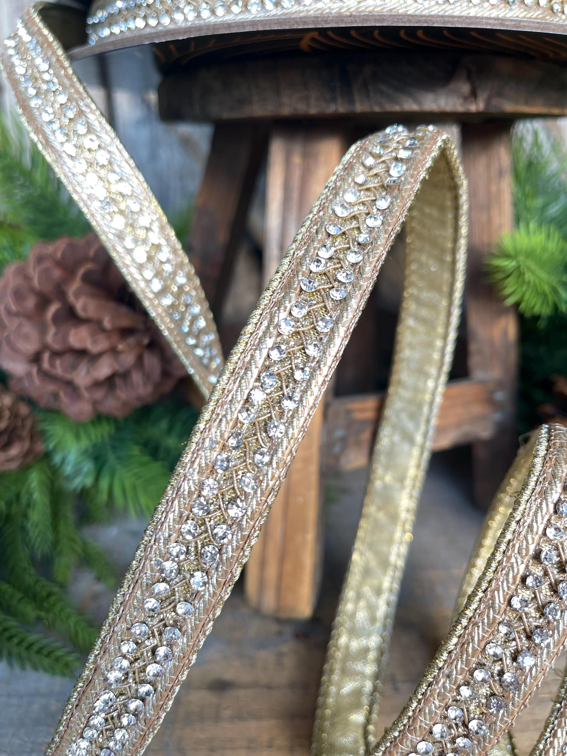 3/4" Gold Jeweled Ribbon, Metallic Gold Christmas Ribbon