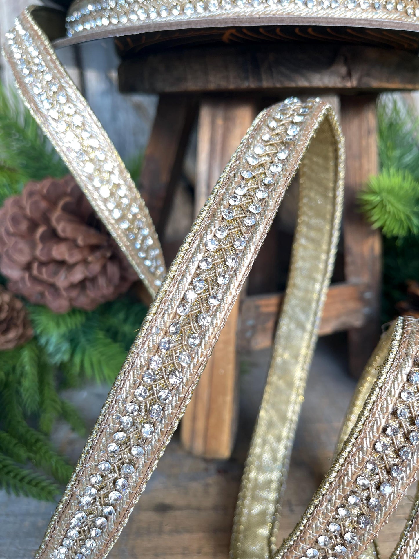 3/4" Gold Jeweled Ribbon, Metallic Gold Christmas Ribbon