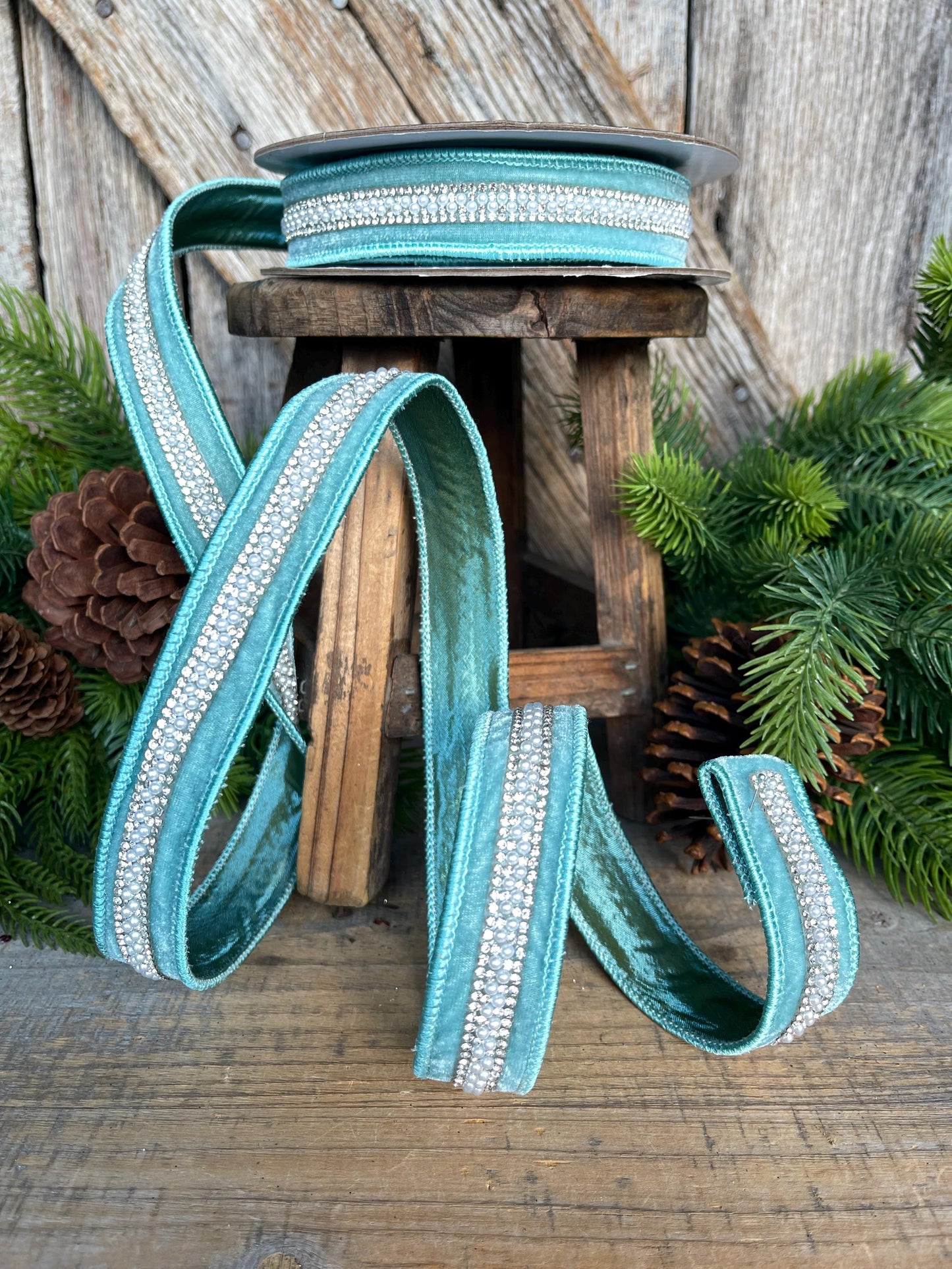 1" Teal Velvet with jewel and pearl stripe, Teal Christmas Ribbon, Designer RIbbon