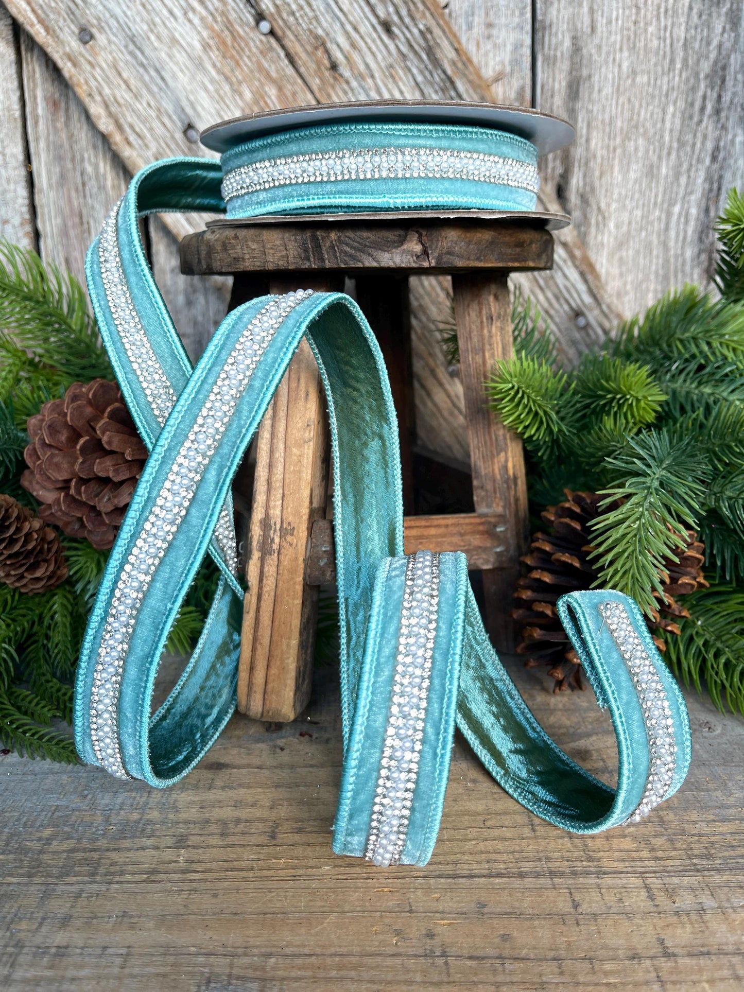 1" Teal Velvet with jewel and pearl stripe, Teal Christmas Ribbon, Designer RIbbon