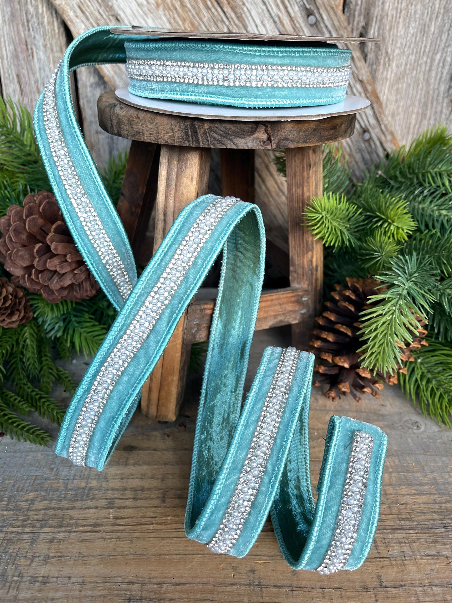 1" Teal Velvet with jewel and pearl stripe, Teal Christmas Ribbon, Designer RIbbon