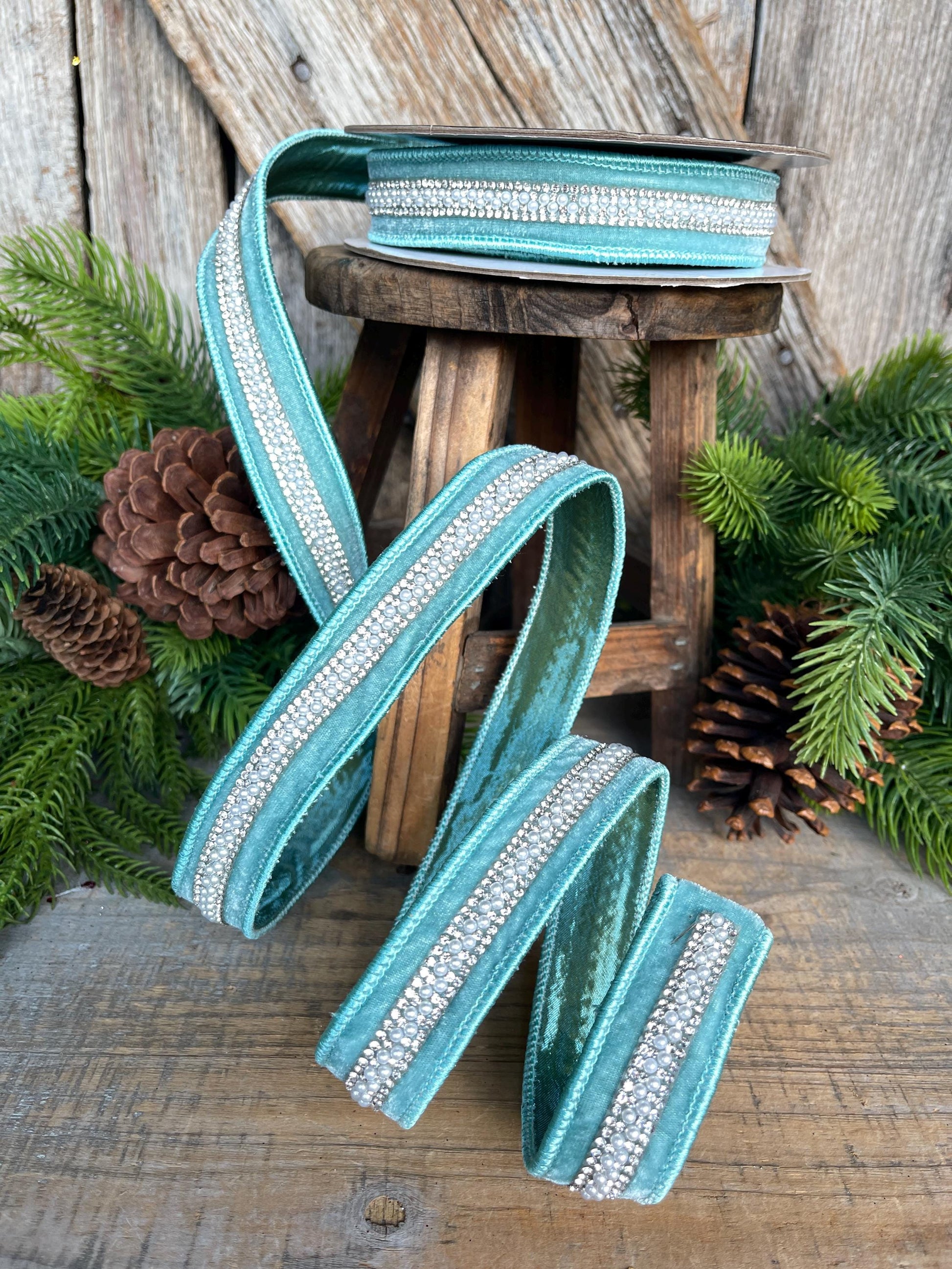 1" Teal Velvet with jewel and pearl stripe, Teal Christmas Ribbon, Designer RIbbon