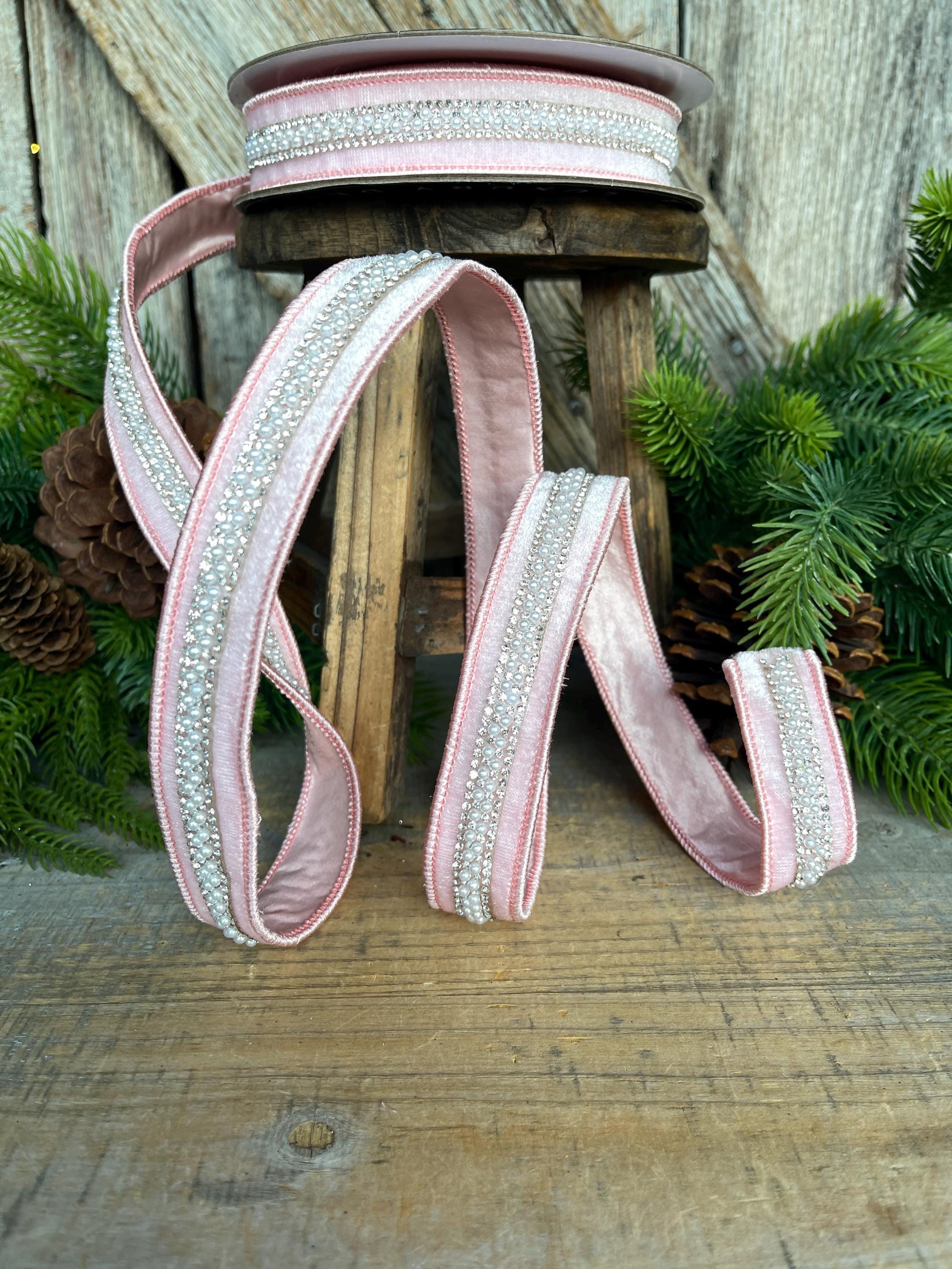 1" Pink Velvet with jewel and pearl stripe, Baby Pink Christmas Ribbon, Designer RIbbon
