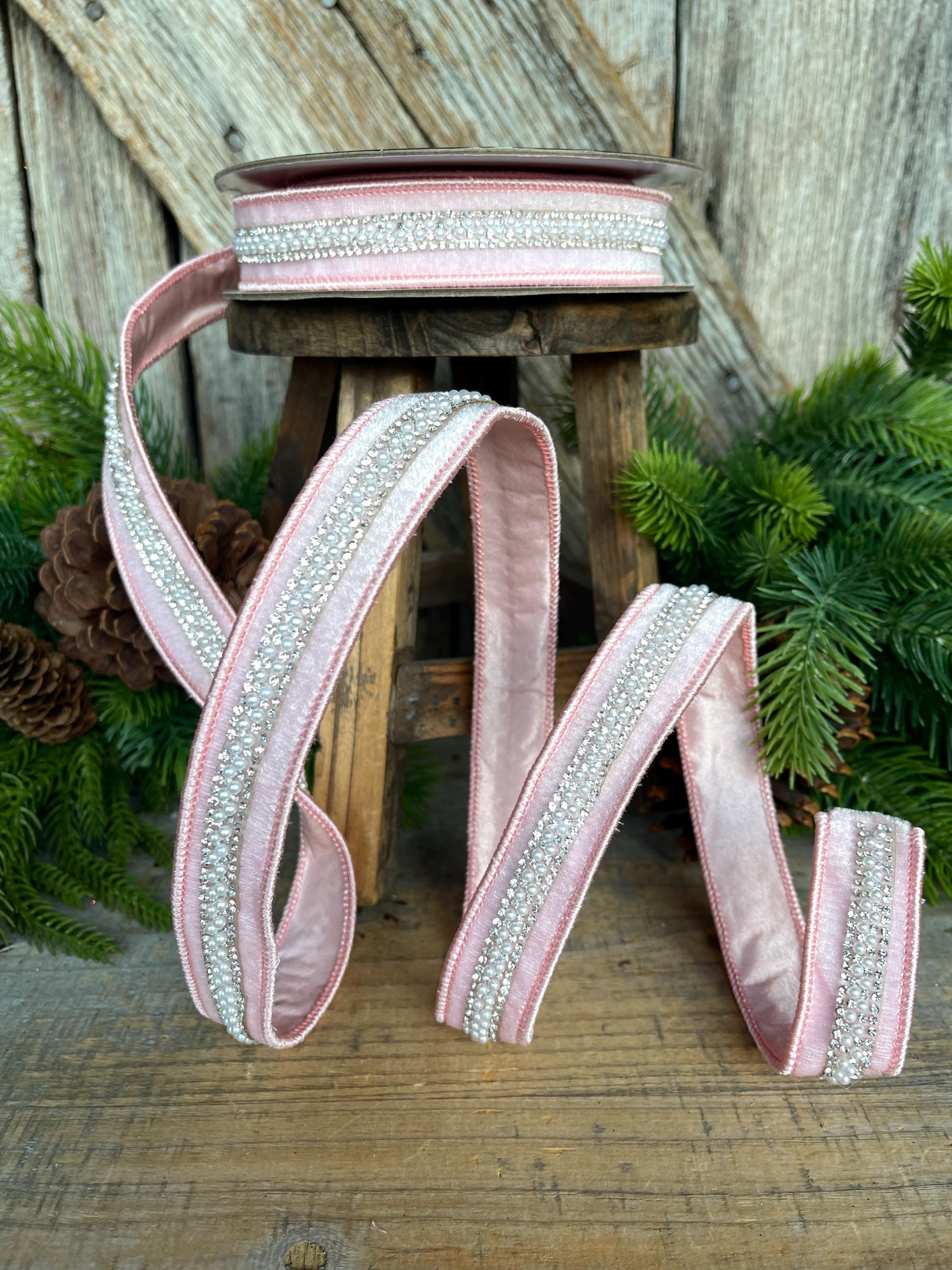 1" Pink Velvet with jewel and pearl stripe, Baby Pink Christmas Ribbon, Designer RIbbon