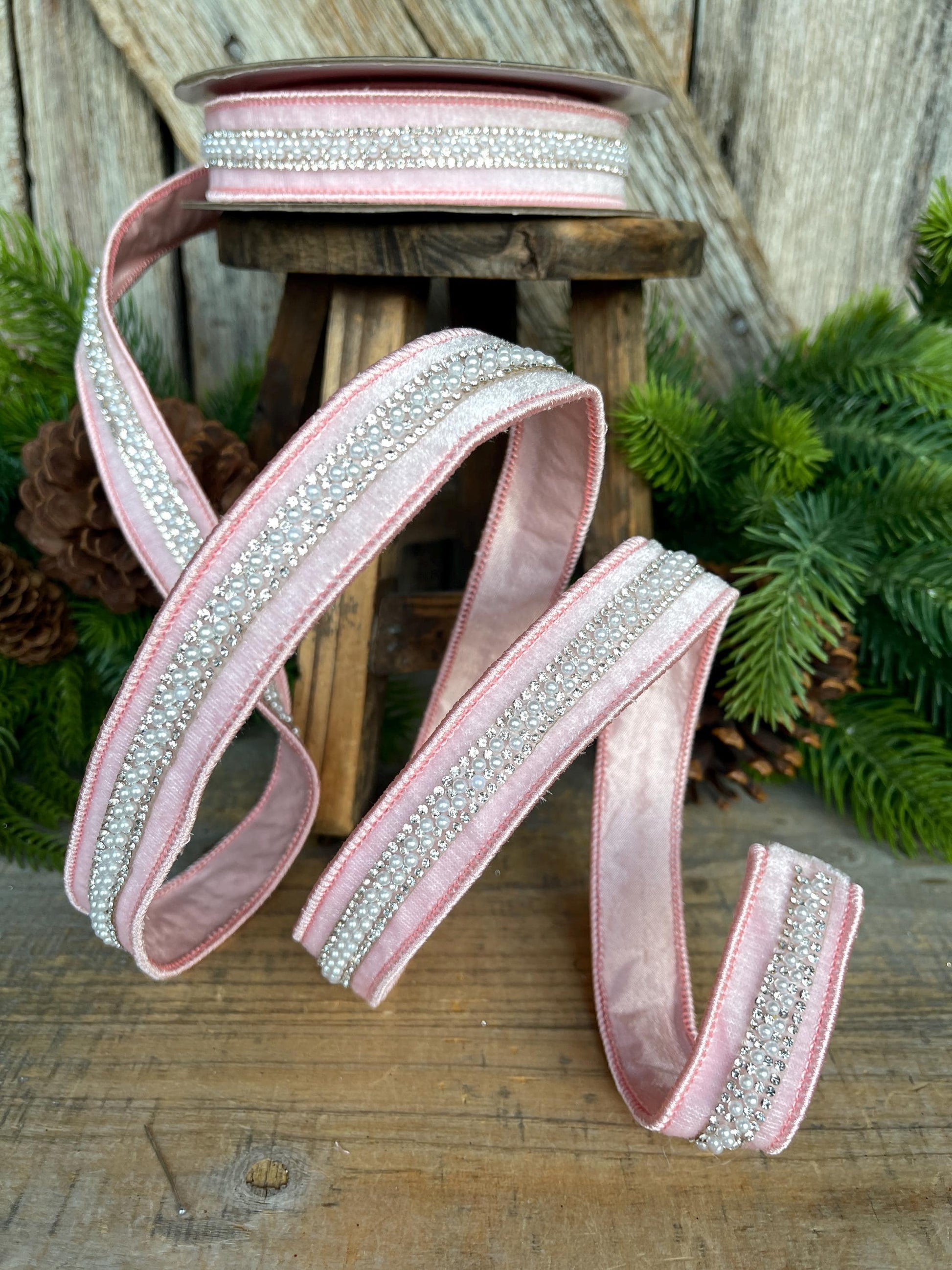 1" Pink Velvet with jewel and pearl stripe, Baby Pink Christmas Ribbon, Designer RIbbon