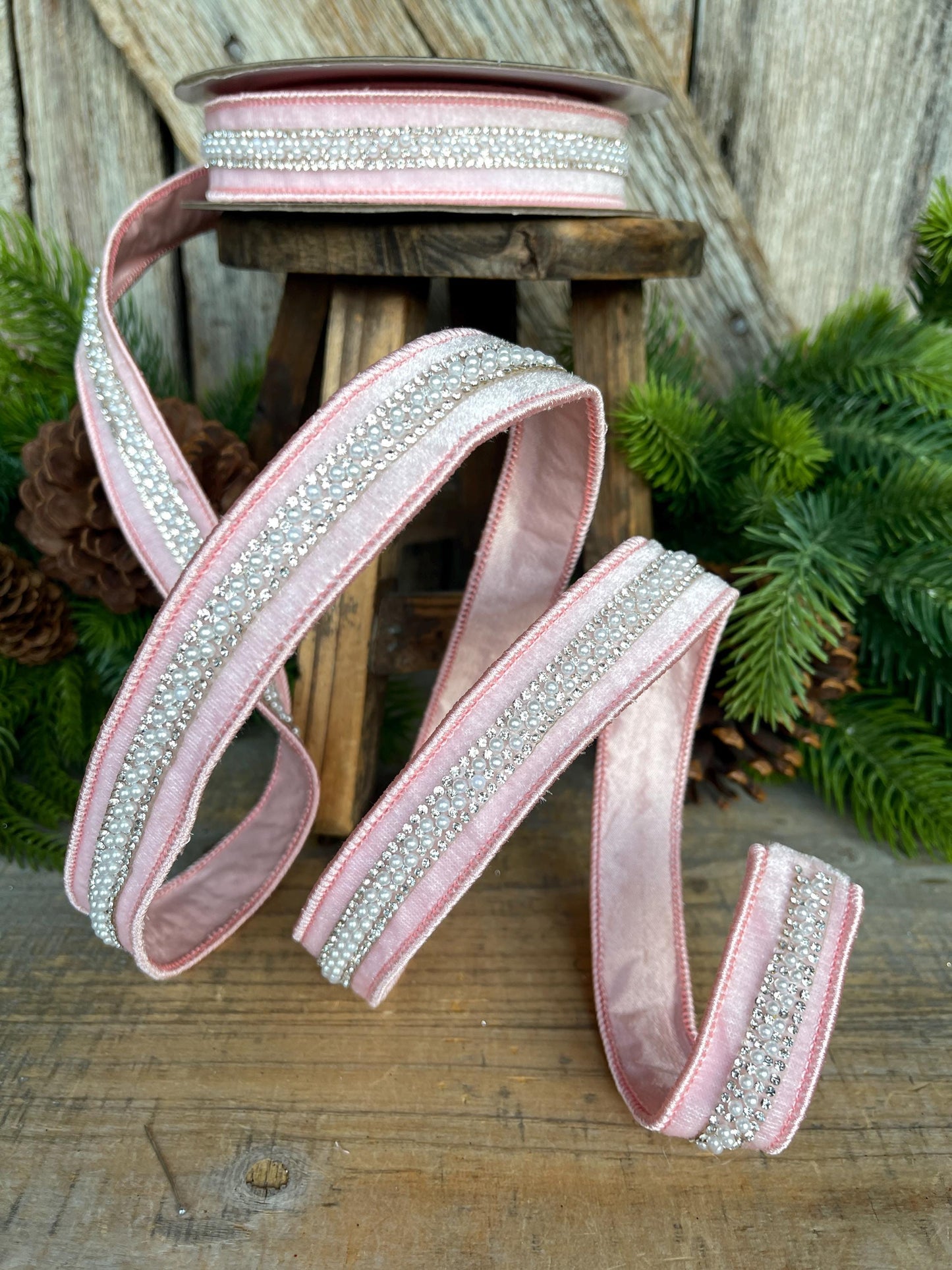1" Pink Velvet with jewel and pearl stripe, Baby Pink Christmas Ribbon, Designer RIbbon