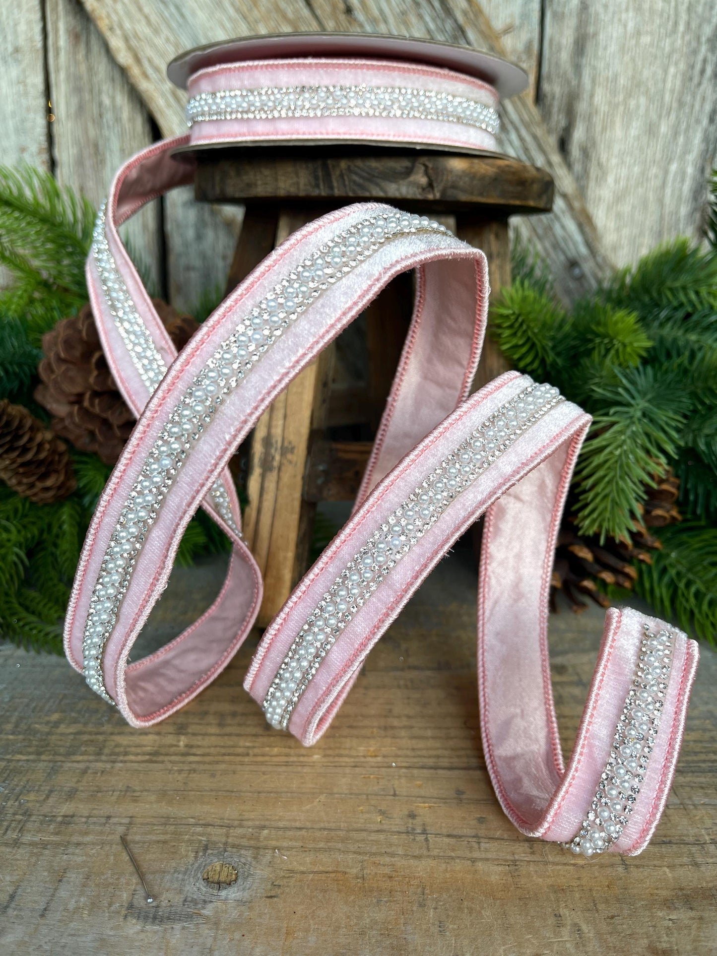 1" Pink Velvet with jewel and pearl stripe, Baby Pink Christmas Ribbon, Designer RIbbon