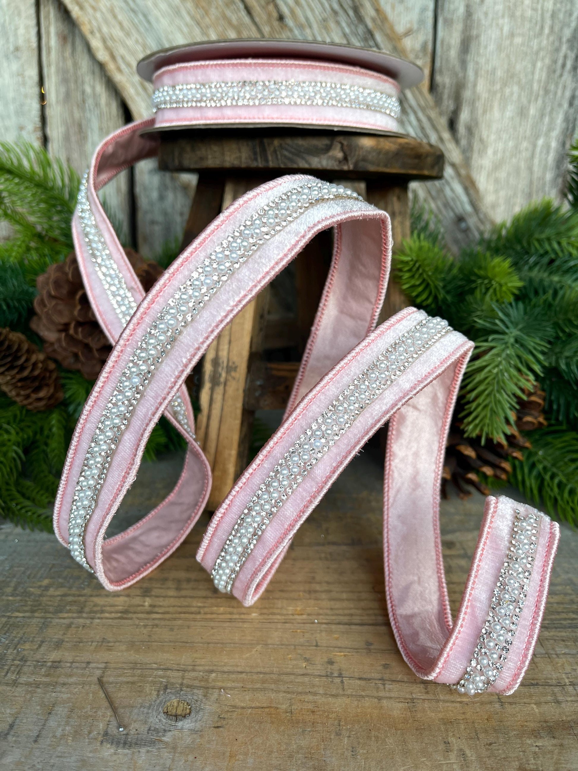 1" Pink Velvet with jewel and pearl stripe, Baby Pink Christmas Ribbon, Designer RIbbon