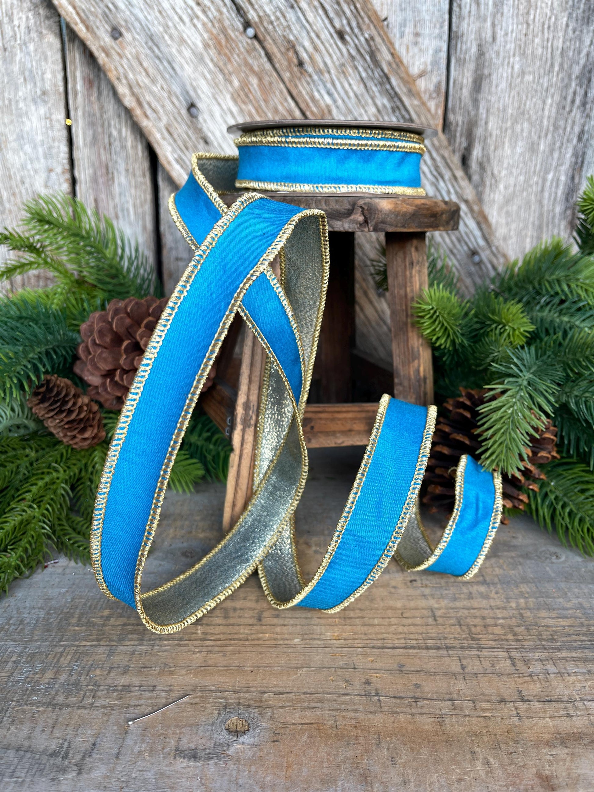 1" Blue Gold Ribbon, Blue Christmas Ribbon, Nancy Brown Ribbon
