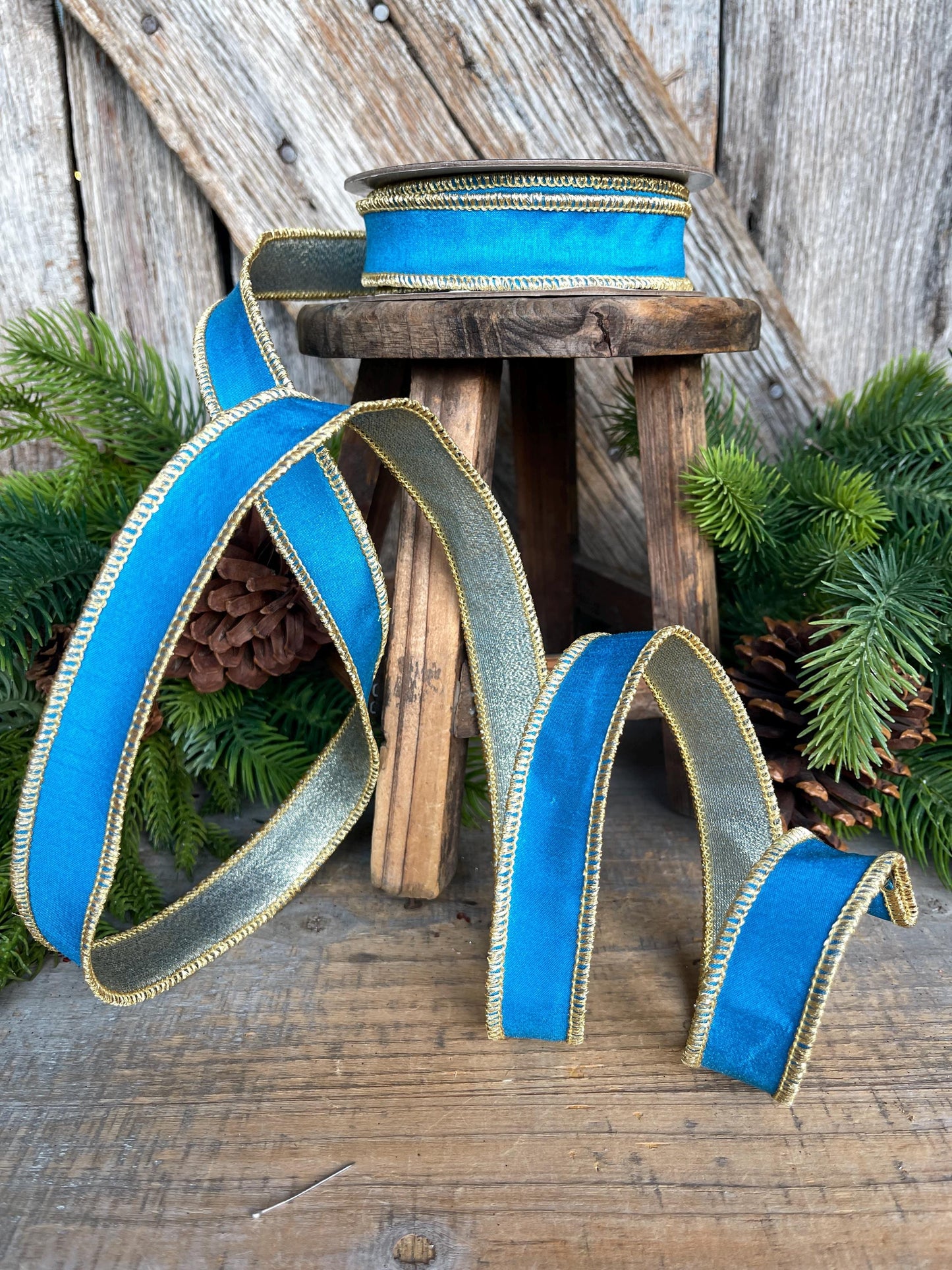 1" Blue Gold Ribbon, Blue Christmas Ribbon, Nancy Brown Ribbon
