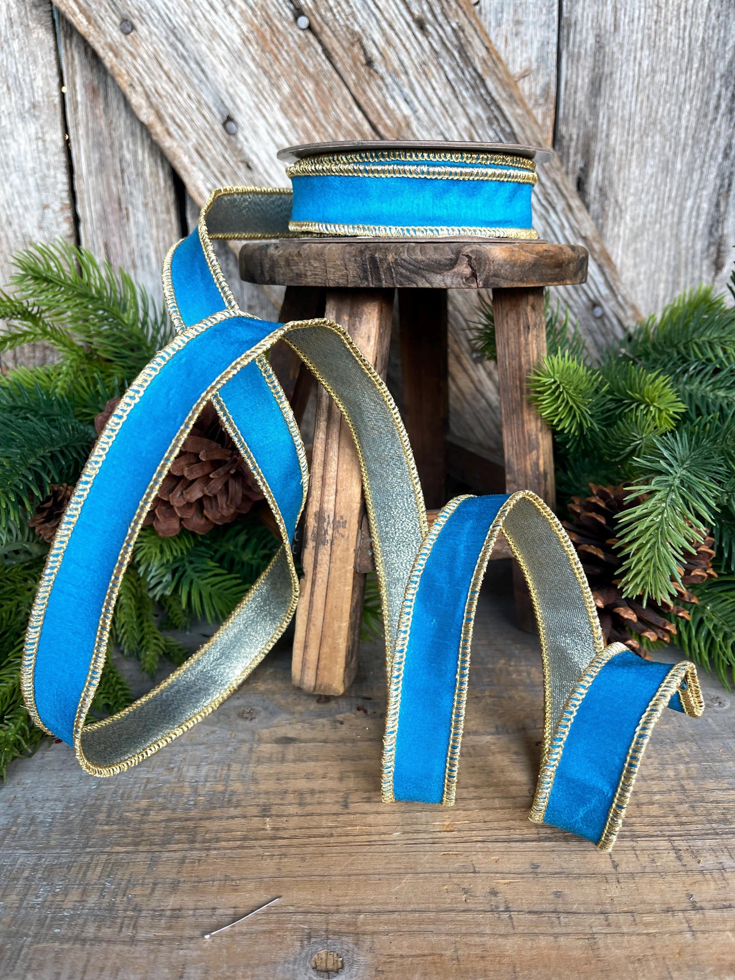 1" Blue Gold Ribbon, Blue Christmas Ribbon, Nancy Brown Ribbon