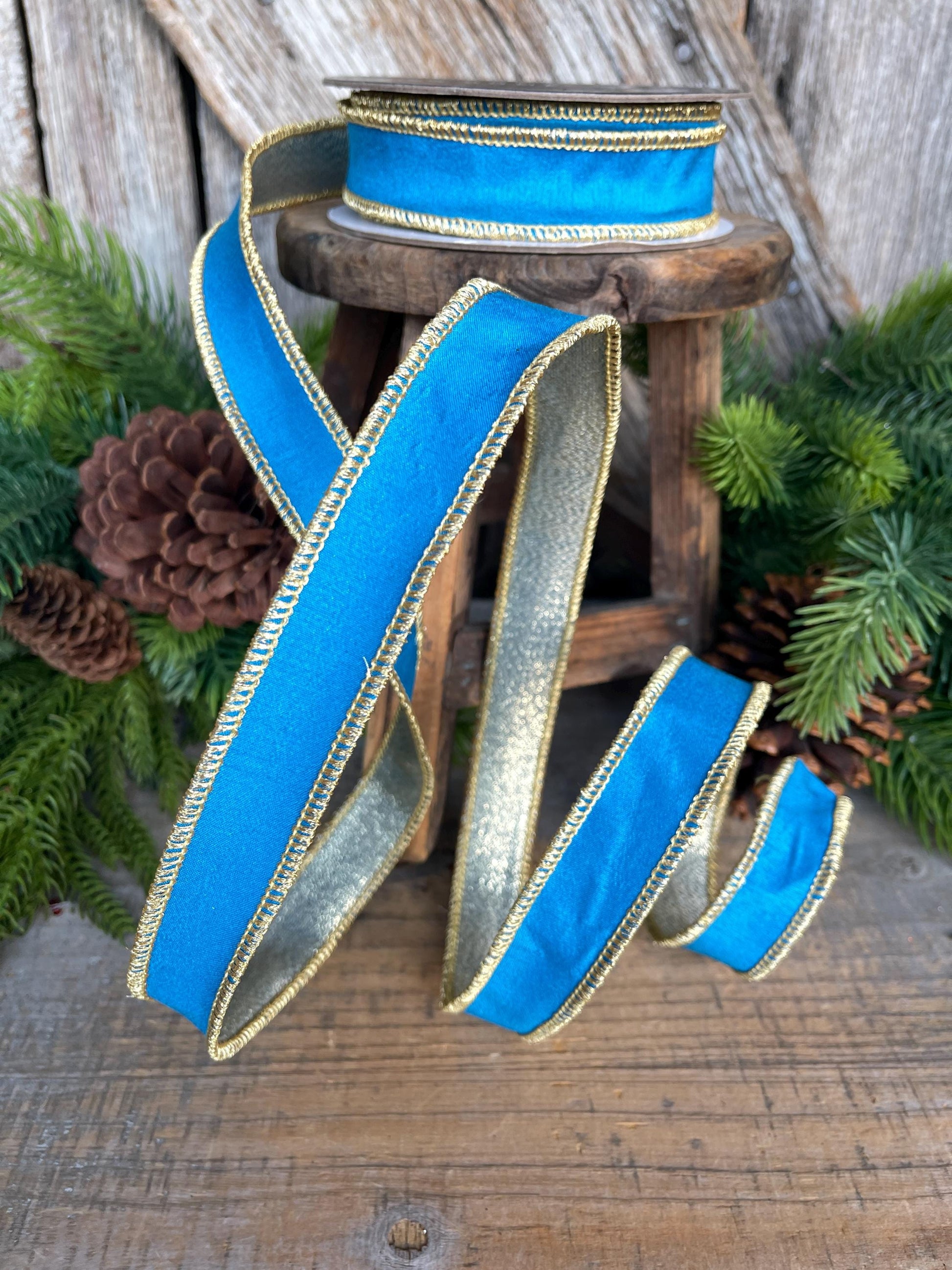 1" Blue Gold Ribbon, Blue Christmas Ribbon, Nancy Brown Ribbon