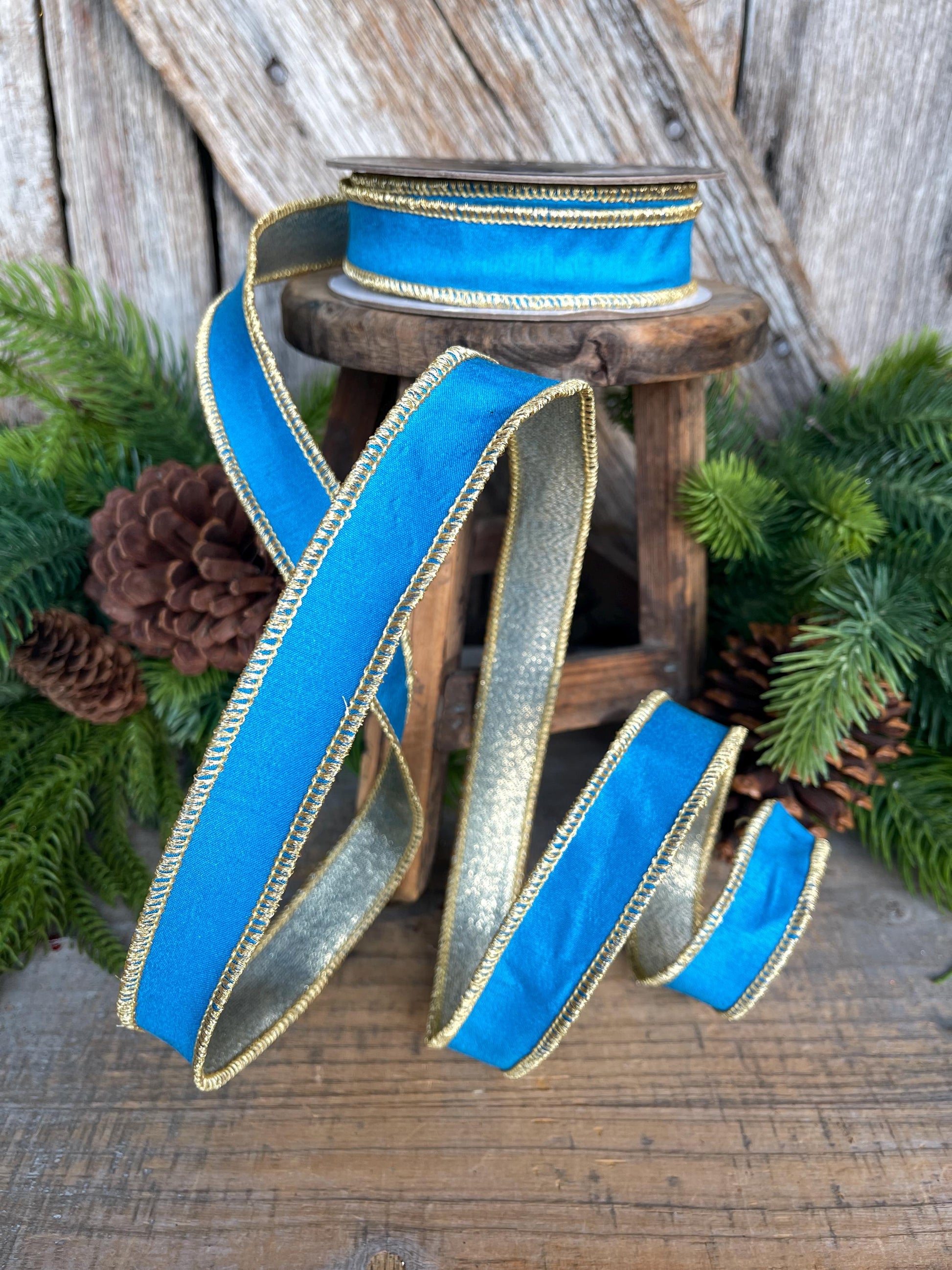1" Blue Gold Ribbon, Blue Christmas Ribbon, Nancy Brown Ribbon