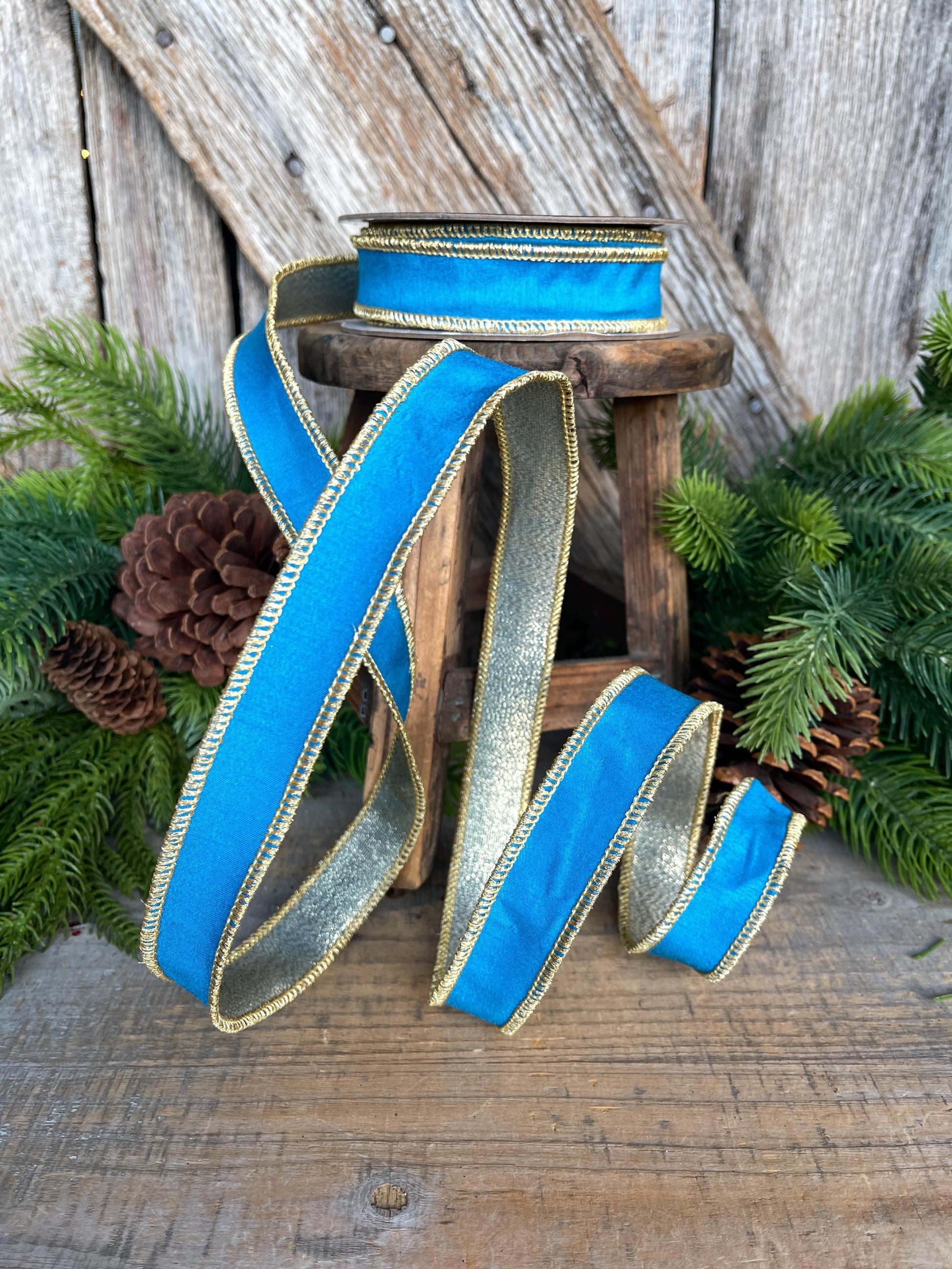 1" Blue Gold Ribbon, Blue Christmas Ribbon, Nancy Brown Ribbon