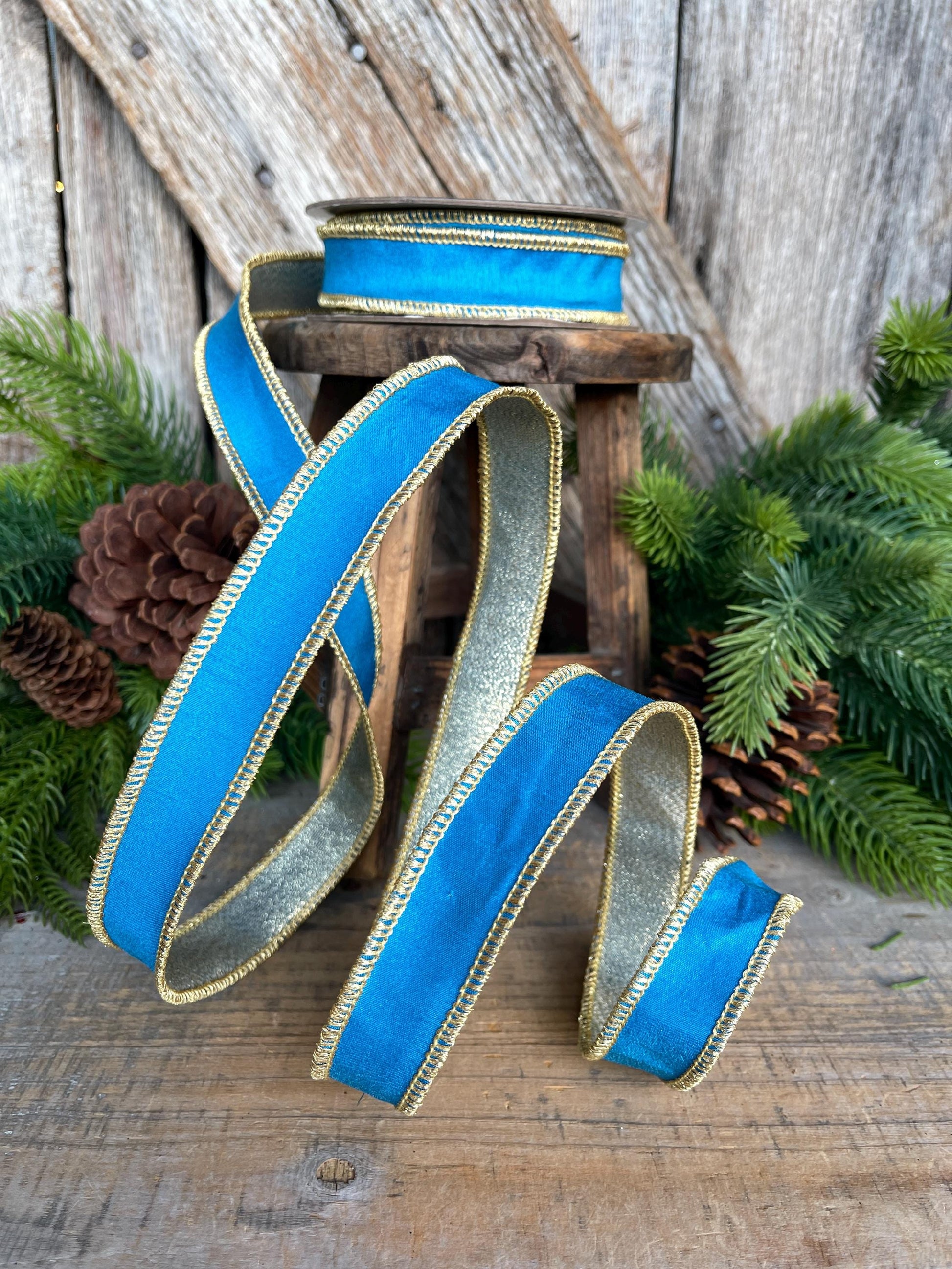 1" Blue Gold Ribbon, Blue Christmas Ribbon, Nancy Brown Ribbon