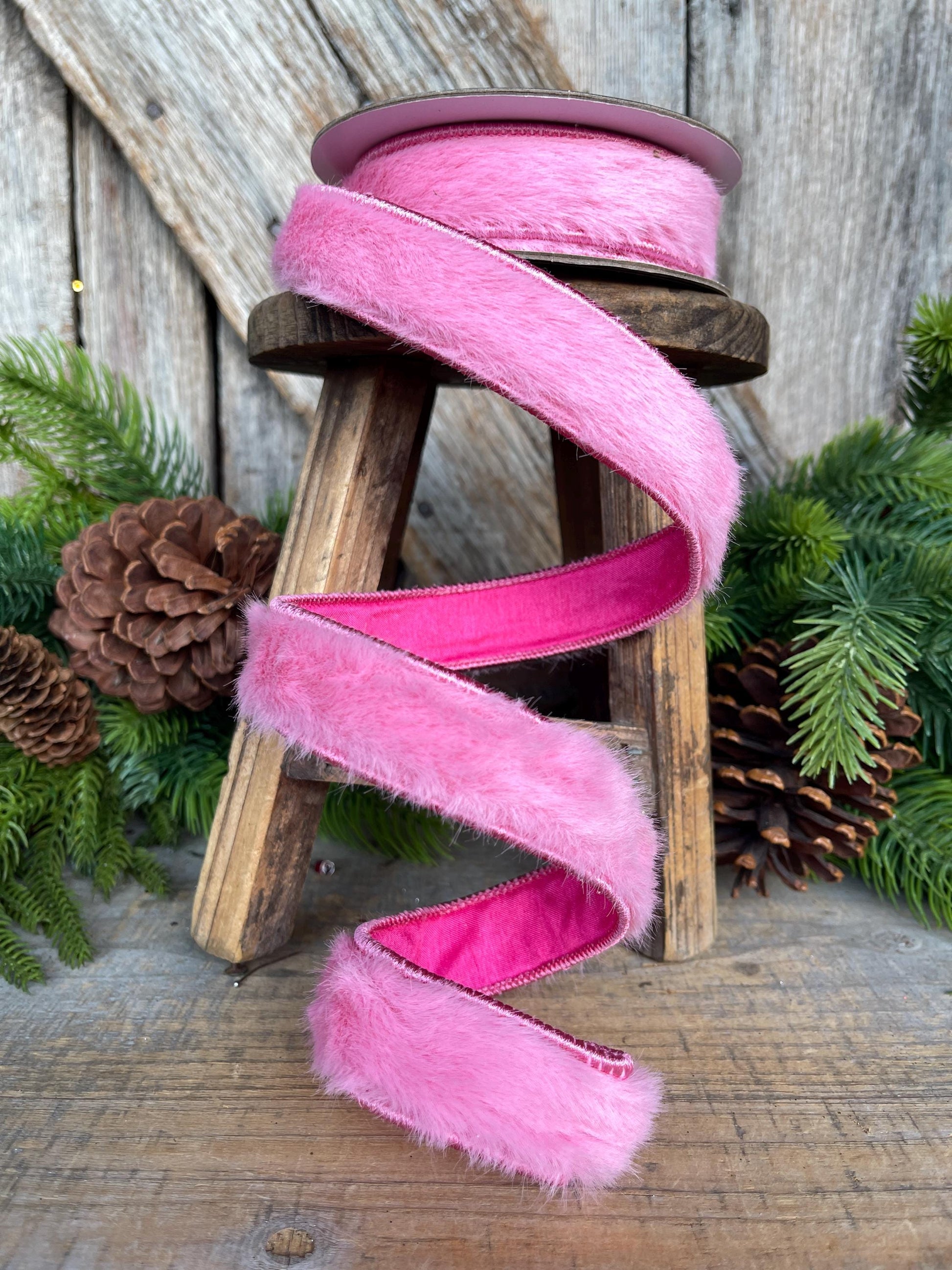 1" Pink Fur Ribbon, Bubblegum Pink Fur Ribbon Trim, Pink Christmas RIbbon