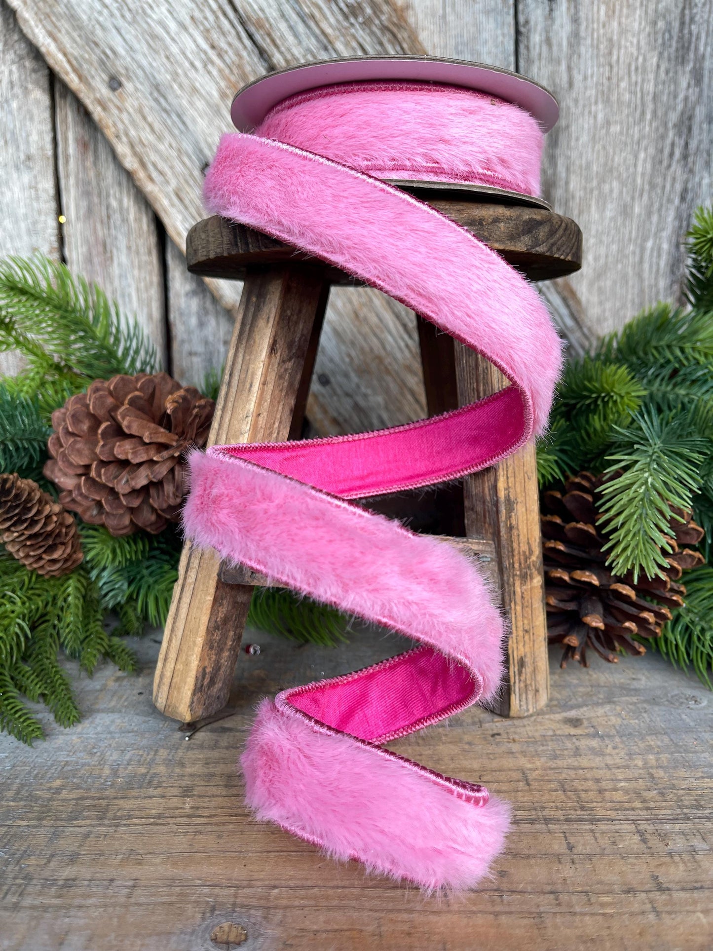 1" Pink Fur Ribbon, Bubblegum Pink Fur Ribbon Trim, Pink Christmas RIbbon