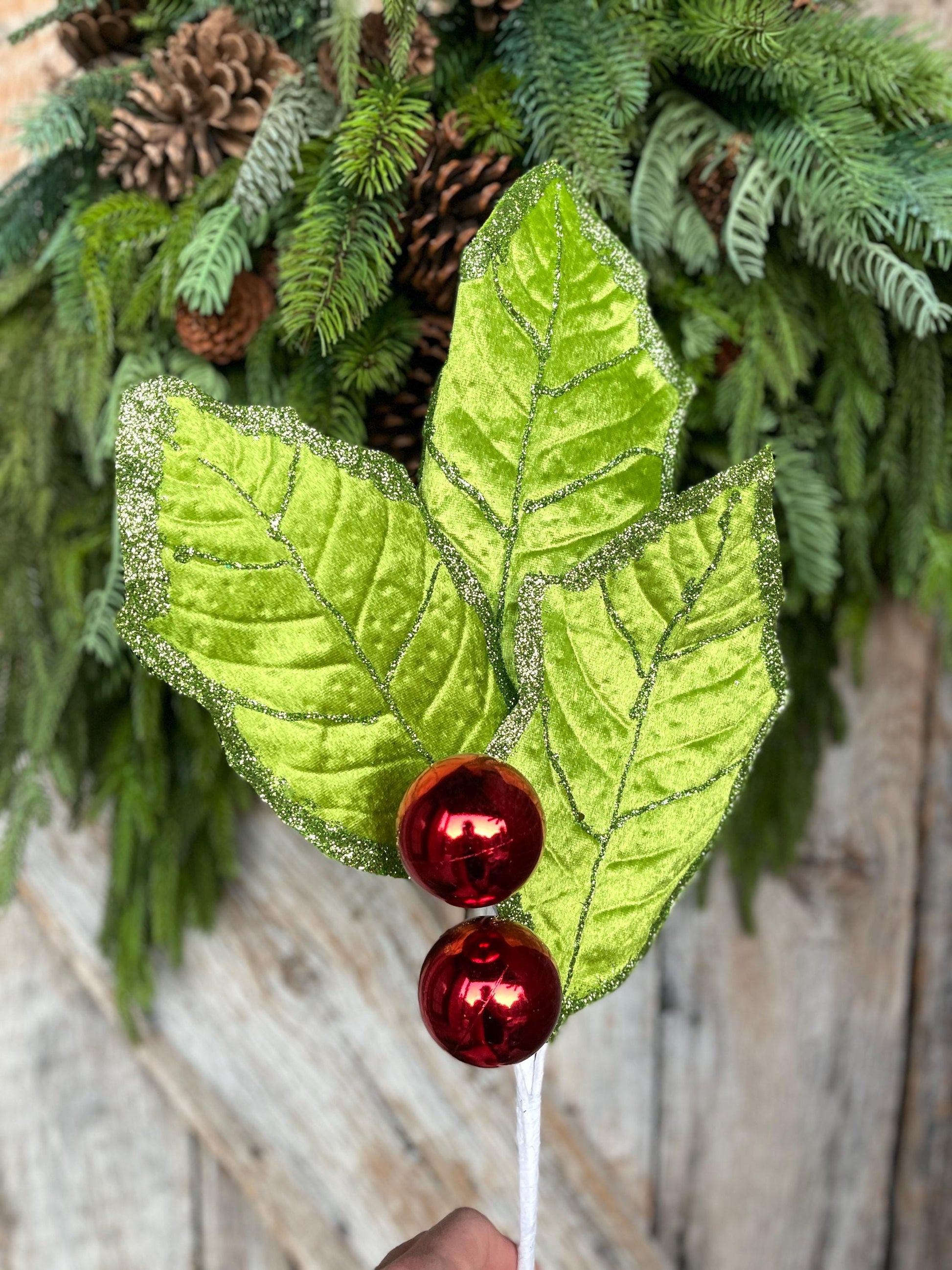 30" Lime Green Holly Leaf Spray, Christmas Holly Leaf Floral Stem, Green Floral Picks Stems
