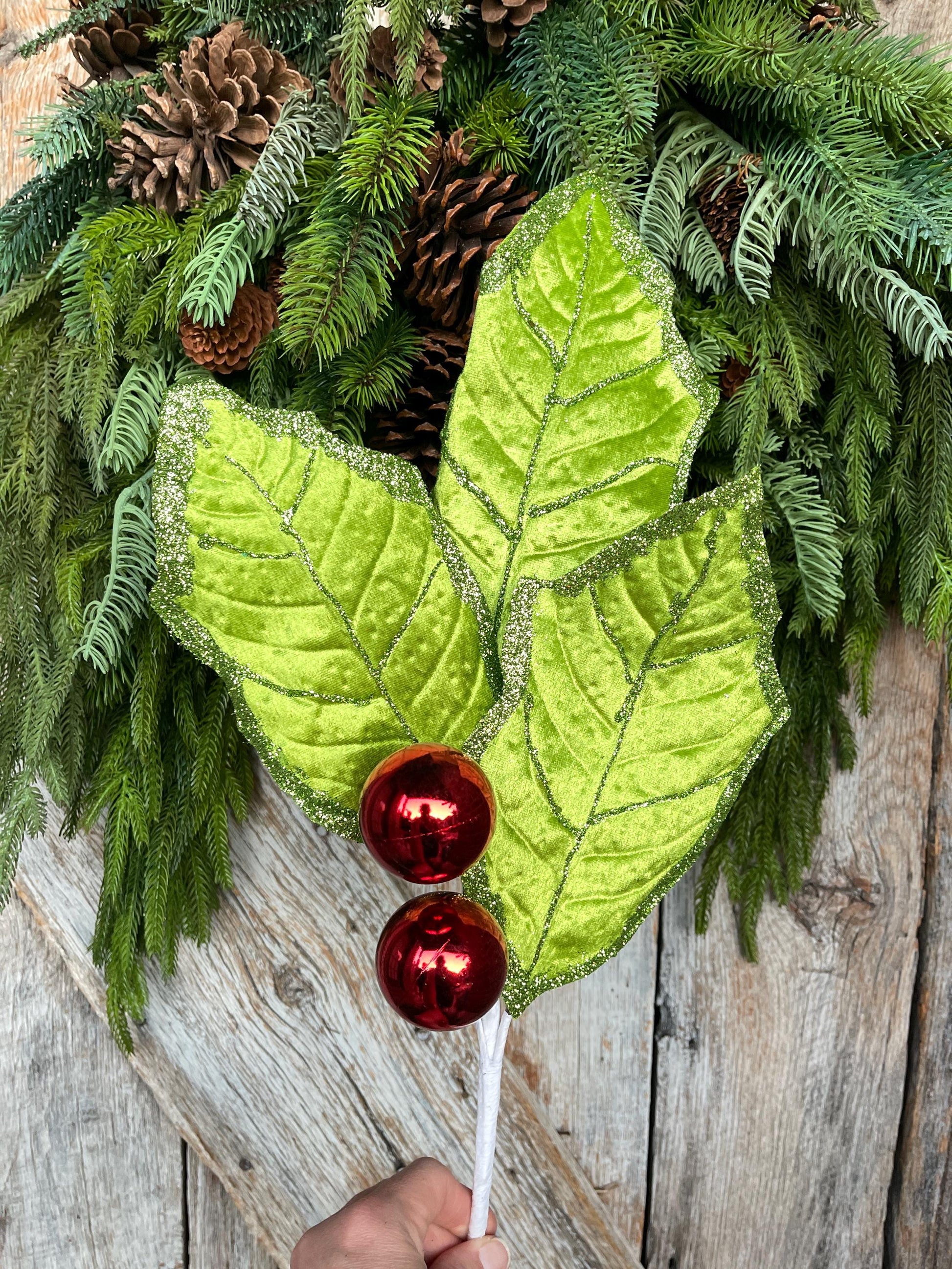 30" Lime Green Holly Leaf Spray, Christmas Holly Leaf Floral Stem, Green Floral Picks Stems