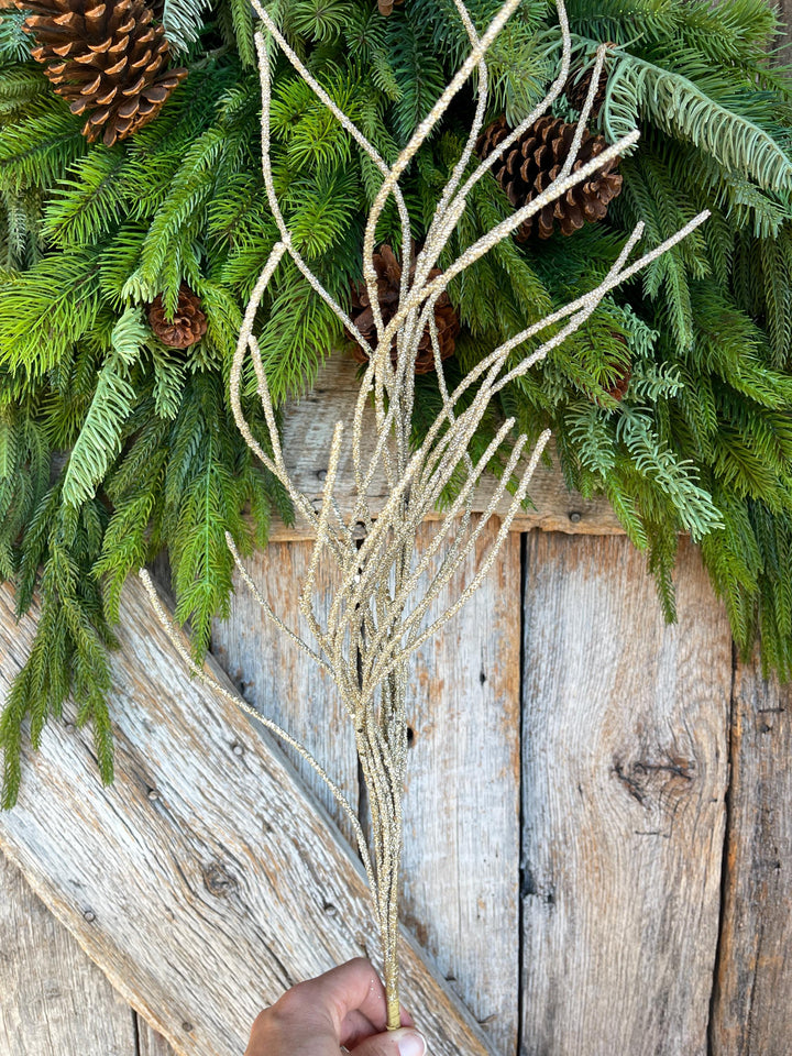 30" Champagne Gold Glitter Twig, Gold Christmas Spray, Christmas Tree Topper Spray