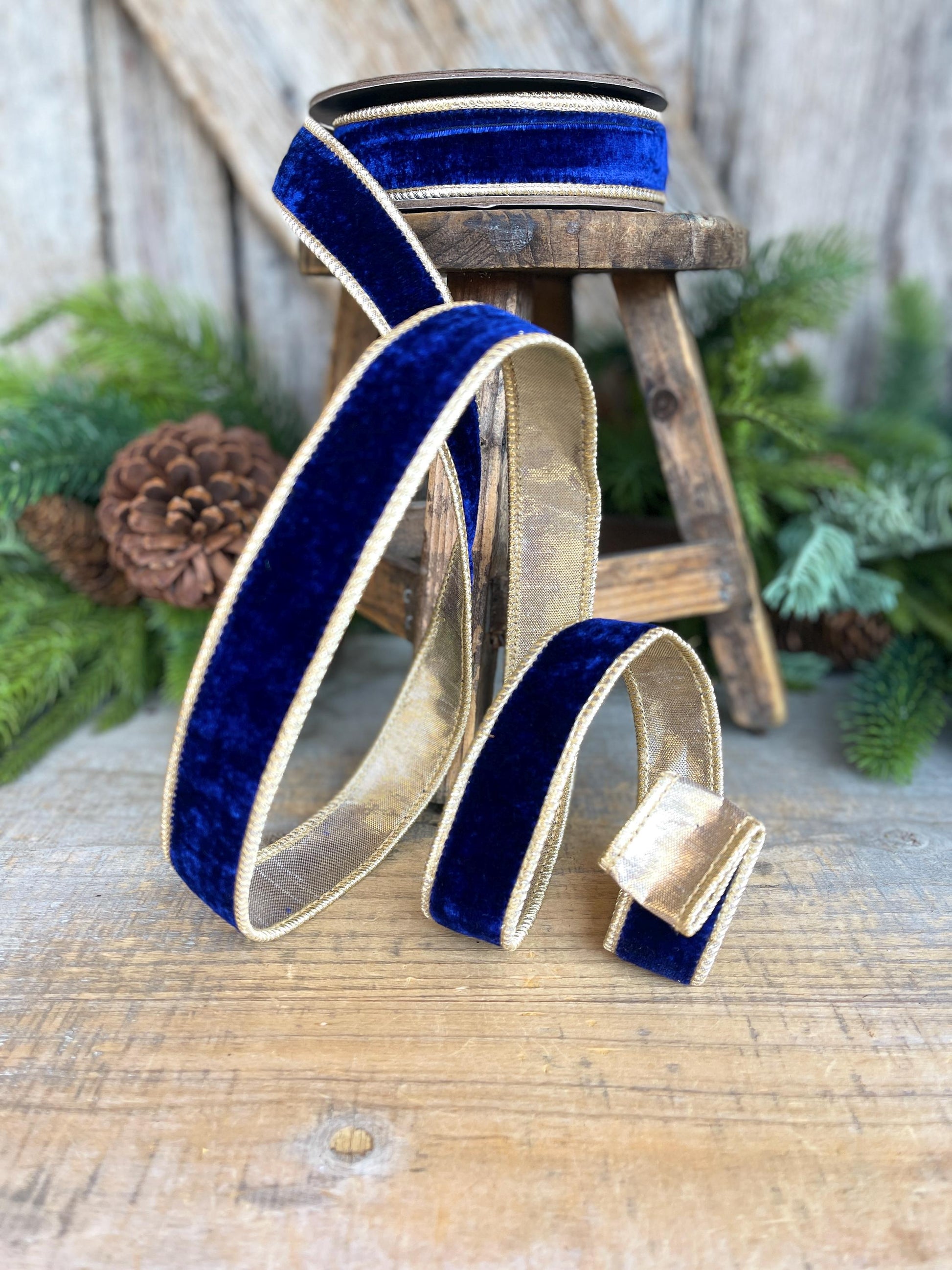 Cobalt Blue Velvet Wired Ribbon: 1" x 5 Yards, Gold Backing