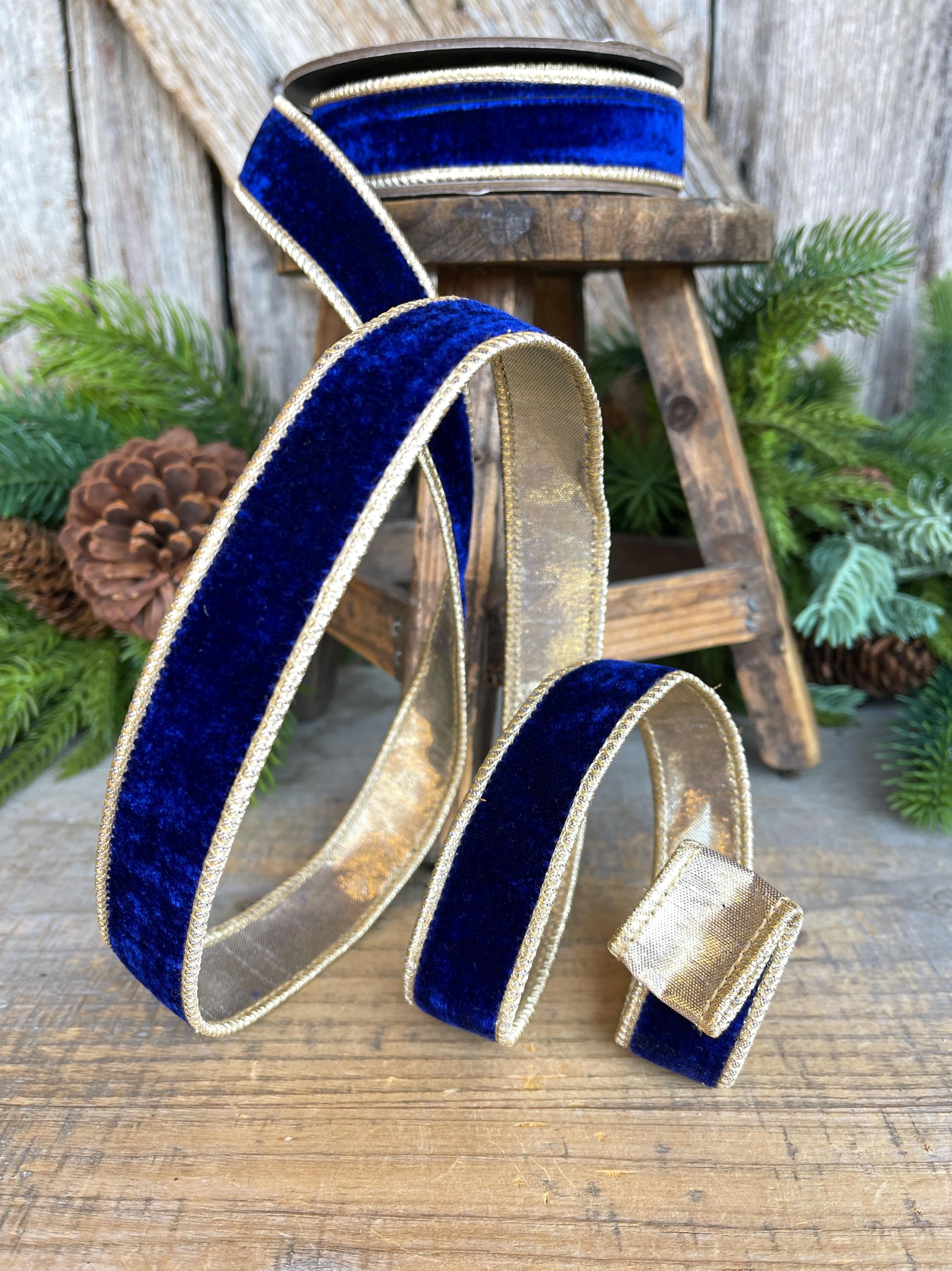 Cobalt Blue Velvet Wired Ribbon: 1" x 5 Yards, Gold Backing
