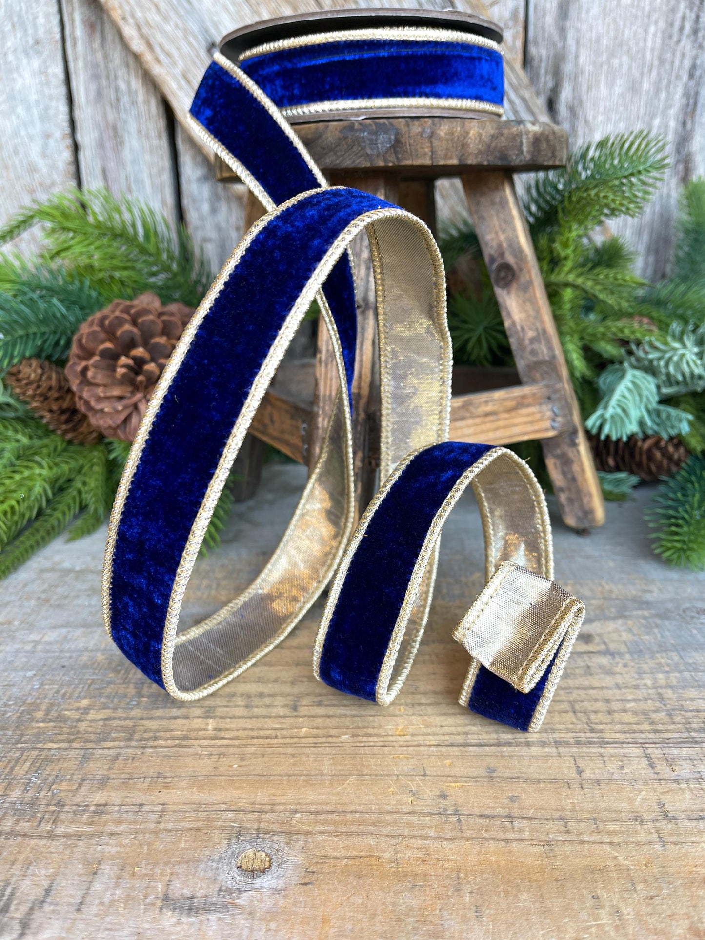Cobalt Blue Velvet Wired Ribbon: 1" x 5 Yards, Gold Backing