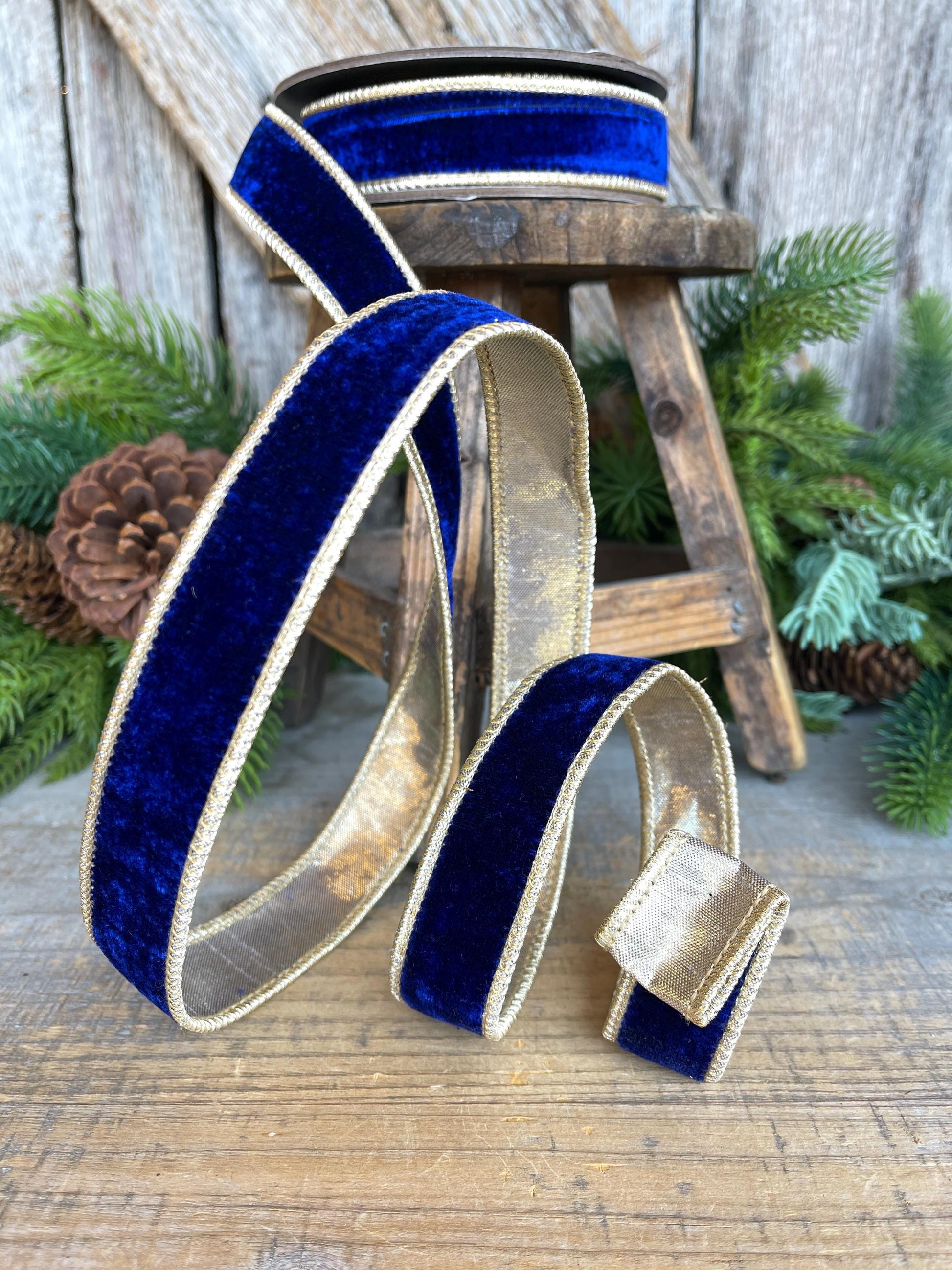 Cobalt Blue Velvet Wired Ribbon: 1" x 5 Yards, Gold Backing
