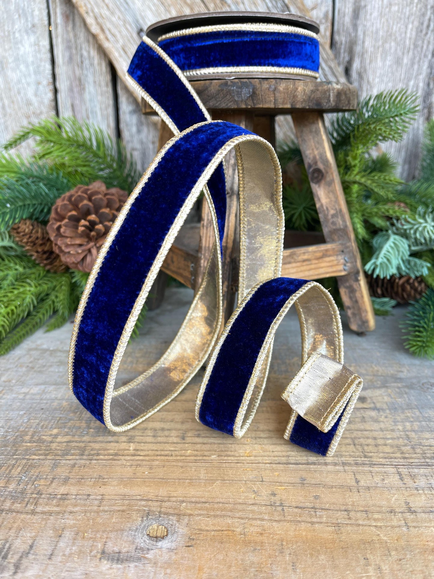 Cobalt Blue Velvet Wired Ribbon: 1" x 5 Yards, Gold Backing