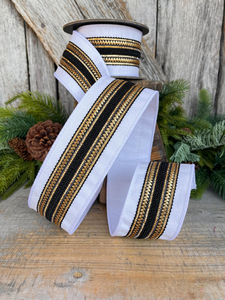 2.5" White Black Gold Ribbon, Christmas Ribbon, Designer Ribbon