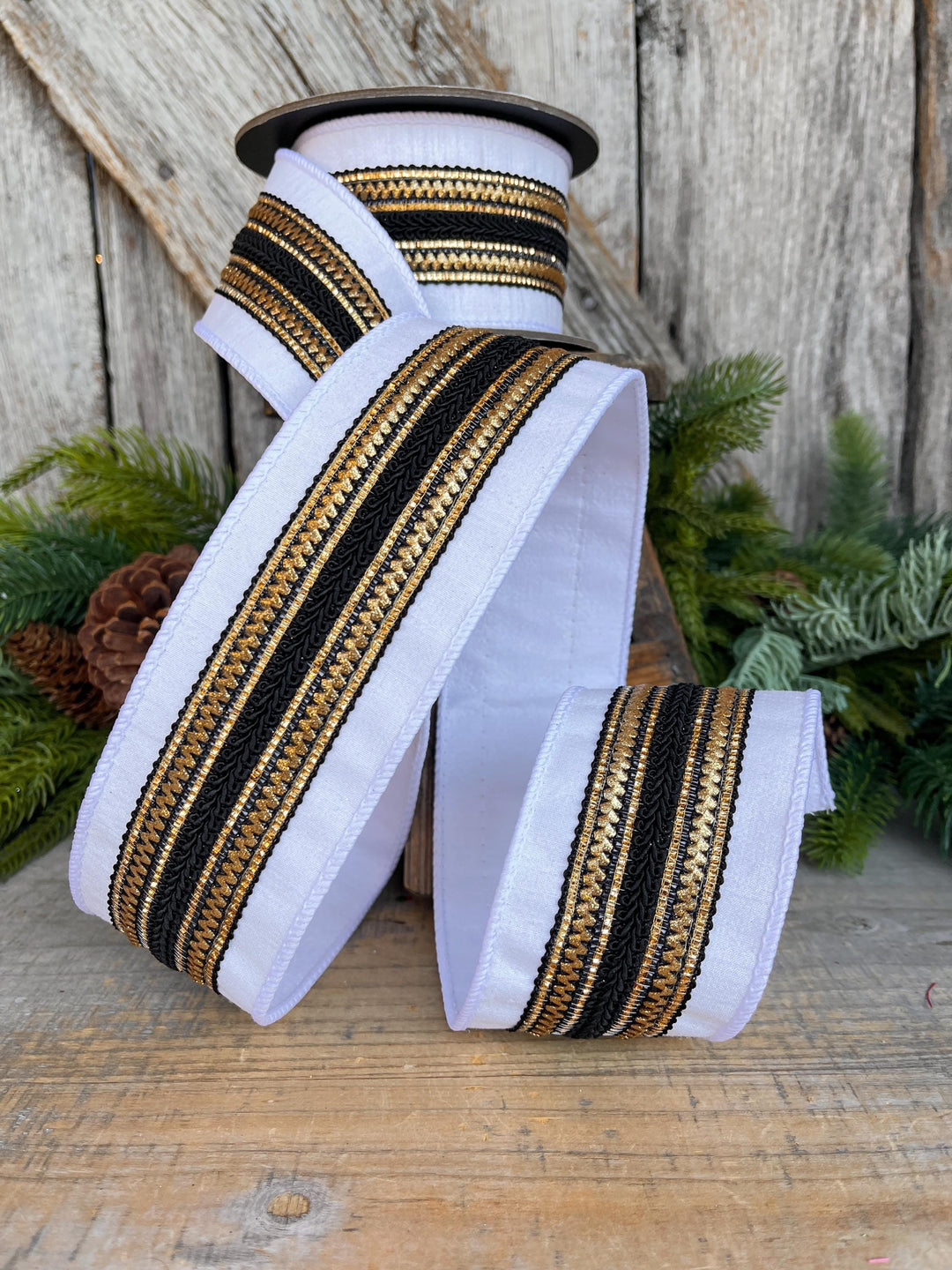 2.5" White Black Gold Ribbon, Christmas Ribbon, Designer Ribbon